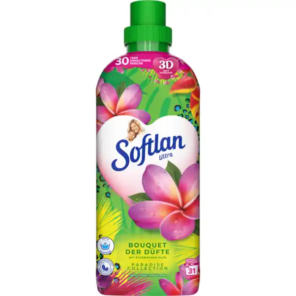 Softlan Ultra Weichspler Bouquet Der Dfte  WL: Цвет: https://www.rossmann.de/de/haushalt-softlan-ultra-weichspueler-bouquet-der-duefte-31-wl/p/8718951580718
Produktbeschreibung und details Mit seiner revolutionren DTechnologie der besonderen Kombination aus drei verschiedenen Technologien erfindet Softlan das Durfterlebnis fr Wsche neu  fr ein auergewhnliches Dufterlebnis wie nie zuvor Softlan sorgt fr eine gleichbleibende Duftintensitt  Ihre Kleidung duftet auch noch nach Wochen wie frisch gewaschen Erfllen Sie Ihr Zuhause mit dem wunderbaren Duft frisch gewaschener Wsche direkt beim ffnen der Waschmaschine Geben Sie bei jeder Bewegung nach und nach Parfm frei und sorgen so fr ein unvergleichliches Dufterlebnis das lange anhlt  Inhaltsstoffe natrlichen Ursprungs  Tage anhaltende Frische wirkt in kaltem Wasser dermatologisch getestet Wasser und natrlich gewonnene Inhaltsstoffe mit minimaler Verarbeitungim Vergleich zur vorherigen Formel Kontaktdaten Colgate Palmolive GABA GmbH Beim Strohhause  Hamburg  UrsprungslandHerkunftsort Frankreich Anwendung und Gebrauch Handwsche  ml in  L Wasser dosieren  Waschladungen basierend auf einer Fllmenge von  kg Soflan in die Weichsplkammer Ihrer Waschmaschine geben Gebrauch Aufbewahrung und Verwendung Aufbewahrungs und Verwendungsbedingungen Auer Reichweite von Kindern aufbewahren Vor Frost schtzen Inhaltsstoffe ampgt  Kationische Tenside Duftstoffe Lactic Acid Benzyl Salicylate Hexyl Cinnamal Benzyl Alcohol Linalool AlphaIsomethyl Ionone Limonene Warnhinweise und wichtige Hinweise Warnhinweise Niemals direkt auf die Wsche geben Augenkontakt vermeiden Falls das Produkt in die Augen gelangt diese grndlich mit Wasser aussplen Nicht verschlucken Wenn das Produkt verschluckt worden ist Arzt aufsuchen