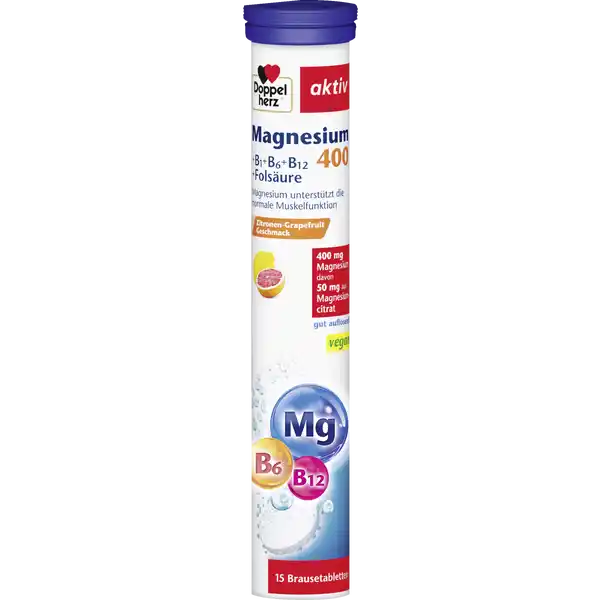 Doppelherz aktiv Magnesium 400 Brausetabletten: Цвет: https://www.rossmann.de/de/gesundheit-doppelherz-aktiv-magnesium-400-brausetabletten/p/4009932008463
Produktbeschreibung und details Doppelherz aktiv Magnesium  Brausetabletten BBBFolsure Magnesium fr die normale Muskelfunktion mit ZitronenGrapefruitGeschmack gut auflsend Lebensmittelunternehmer Name Queisser Pharma GmbH ampamp Co KG Adresse Schleswiger Strae   Flensburg Deutschland UrsprungslandHerkunftsort Deutschland Rechtlich vorgeschriebene Produktbezeichnung Nahrungsergnzungsmittel mit Sungsmitteln Brausetabletten mit Magnesium ampamp BVitaminen Zutaten Suerungsmittel Citronensure Magnesiumcarbonat Sureregulatoren Natriumhydrogencarbonat und Natriumcarbonat Trimagnesiumdicitrat Sungsmittel Natriumcyclamat und Natriumsaccharin Aroma Strke Vitamin B Vitamin B Folsure Farbstoff RiboflavinPhosphat Vitamin B Nhrwerte Durchschnittliche Nhrwertangaben pro  Portion  Stck NRV Magnesium  mg   Vitamin B Thiamin  mg   Vitamin B  mg   Folsure  g   Vitamin B  g   Anwendung und Gebrauch Eine Tablette tglich in einem Glas Wasser  ml aufgelst trinken Gebrauch Aufbewahrung und Verwendung Aufbewahrungs und Verwendungsbedingungen Bei Raumtemperatur trocken lagern Warnhinweise und wichtige Hinweise Warnhinweise Die angegebene empfohlene tgliche Verzehrmenge darf nicht berschritten werden Nahrungsergnzungsmittel sind kein Ersatz fr eine ausgewogene und abwechslungsreiche Ernhrung und eine gesunde Lebensweise Fr kleine Kinder unzugnglich aufbewahrenMengen ber  mg Magnesium knnen bei empfindlichen Personen abfhrend wirken Enthlt Sungsmittel Nur fr Erwachsene