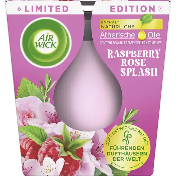 Air Wick WohlfhlDuftkerze Raspberry Rose Splash: Цвет: https://www.rossmann.de/de/haushalt-air-wick-wohlfuehl-duftkerze-raspberry-rose-splash/p/4251758423702
Produktbeschreibung und details Air Wick WohlfhlDuftkerze Raspberry Rose Splash  Dieser angenehme Duft von fruchtigen Himbeeren und Rose bringt die Verspieltheit der Natur in Ihr Zuhause klassische Duftkerze mit therischen len wunderbarer Duft vom ersten bis zum letzten Anznden satiniertes Glas im dezenten Design bis zu  Stunden Brenndauer Kontaktdaten RB Hygiene Home Deutschland GmbH Darwinstr   Heidelberg wwwairwickde Anwendung und Gebrauch Lesen Sie bitte vor Anwendung die Gebrauchs und Sicherheitshinweise SORGFLTIG durch und bewahren diese gut auf Nichtbefolgen der Hinweise kann zu Feuergefahr Verletzungsgefahr oder Glasbruch fhren KEINE FREMDKRPER IN DIE KERZE EINFGEN ZB STREICHHLZER Keine therischen le zufgen Brennende Kerze nie unbeaufsichtigt oder lnger als  Stunden und immer entfernt von brennbaren Gegenstnden abbrennen lassen Auf ebene und hitzebestndige Oberflchen stellen und fern von Zugluft Von entzndlichen Gegenstnden fernhalten Kerze aufrecht hinstellen Nicht auf heien Oberflchen oder in der Nhe von Wrmequellen verwenden Docht auf ca  cm krzen um bermiges Ruen zu vermeiden Niemals brennende oder gerade erloschene Kerze bewegen oder neigen Kontakt zwischen Flamme und Glas vermeiden Glas wird whrend und nach der Benutzung hei sein Bei weniger als  cm Wachs die Kerze bitte lschen Kerze niemals komplett abbrennen lassen Kerze immer vorsichtig ausblasen Bei beschdigtem Glas die Kerze nicht verwenden Immer mindestens  cm Abstand zwischen einzelnen brennenden Kerzen lassen Personen die auf Duftstoffe empfindlich reagieren sollten dieses Produkt mit Vorsicht verwenden Raumdfte sind kein Ersatz fr gute Haushaltshygiene wwwrbeuroinfocom Inhaltsstoffe Paraffin Palm oil stearins Synthetic wax Glyceryl palmitate Parfum Microcrystalline wax Synthetic wax Octrizole Colourants Limonene Linalool Methyl ionones Ascorbyl palmitate Bht Warnhinweise und wichtige Hinweise Warnhinweise Ist rztlicher Rat erforderlich Verpackung oder Kennzeichnungsetikett bereithalten Darf nicht in die Hnde von Kindern gelangen BEI VERSCHLUCKEN Sofort GIFTINFOMATIONSZENTRUM oder Arzt anrufen