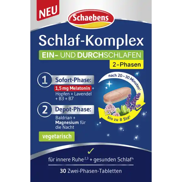 Schaebens Schlaf-Komplex 2-Phasen-Tabletten: Цвет: https://www.rossmann.de/de/gesundheit-schaebens-schlaf-komplex-2-phasen-tabletten/p/4003573289069
Produktbeschreibung und details Tiefer erholsamer Schlaf hilft Krper und Geist sich zu regenerieren Stress Hektik und nervse Anspannung beeintrchtigen im Alltag jedoch hufig eine gesunde und entspannte Nachtruhe Das Einschlafen fllt schwer vemehrtes Aufwachen beeintrchtigt die Schlafqualitt SchlafKomplex zum Ein und Durchschlafen fr eine erholsame Nachtruhe einzigartige Rezeptur mit innovativer PhasenTechnologie Freisetzungszeit der Inhaltsstoffe gezielt auf die Ein und Durchschlafphase abgestimmt Die Freisetzungszeit der Inhaltsstoffe der PhasenTablette wurde in einer in vitro Studie nachgewiesen Lebensmittelunternehmer Name Schaebens Adresse  Frechen Germany wwwschaebensde Testurteile Qualittssiegel ampamp Verbandszeichen Rechtlich vorgeschriebene Produktbezeichnung Nahrungsergnzungsmittel mit Pflanzenextrakten Melatonin Magnesium und Vitaminen mit Sungsmittel Zutaten Fllstoff Mikrokristalline Cellulose Magnesiumoxid BaldrianExtrakt  Stabilisator Hydroxypropylmethylcellulose HopfenExtrakt  LavendelExtrakt  Aroma Nicotinamid berzugsmittel Hydroxypropylmethylcellulose Trennmittel Vernetzte Carboxymethylcellulose und Polyvinylpolypyrrolidon Stabilisator Hydroxypropylcellulose Trennmittel Magnesiumsalze der Speisefettsuren Farbstoff Eisenoxide und Eisenhydroxide berzugsmittel Mikrokristalline Cellulose Trennmittel Siliciumdioxid berzugsmittel Essigsureester von Mono und Diglyceriden von Speisefettsuren Sungsmittel Sucralose Melatonin  Biotin Nhrwerte Durchschnittliche Nhrwertangaben pro  Portion pro Tablette Tagesdosis Referenzwert Referenzmenge nach Lebensmittelinformationsverordnung NRV Magnesium  mg   Niacin  mg   Biotin  mg   Anwendung und Gebrauch Tglich  Tablette vor dem Schlafen unzerkaut mit etwas Flssigkeit schlucken Gebrauch Aufbewahrung und Verwendung Aufbewahrungs und Verwendungsbedingungen Khl trocken und vor Licht geschtzt aufbewahren Warnhinweise und wichtige Hinweise Warnhinweise Nicht whrend der Schwangerschaft und Stillzeit einnehmen Bei Einnahme von Medikamenten empfehlen wir die vorige Absprache mit Ihrem Arzt Auerhalb der Reichweite von kleinen Kindern aufbewahren Die angegebene empfohlene tgliche Verzehrmenge darf nicht berschritten werden Nahrungsergnzungsmittel sind kein Ersatz fr eine ausgewogene abwechslungsreiche Ernhrung und eine gesunde Lebensweise Khl trocken und vor Licht geschtzt aufbewahren Durch die Verwendung natrlicher Inhaltsstoffe kann eine flchendeckend gleiche Farbe der Tabletten nicht gewhrleistet werden Dies hat keine Auswirkung auf die Qualitt Mindestens haltbar bis EndeLosNr siehe Bodenlasche