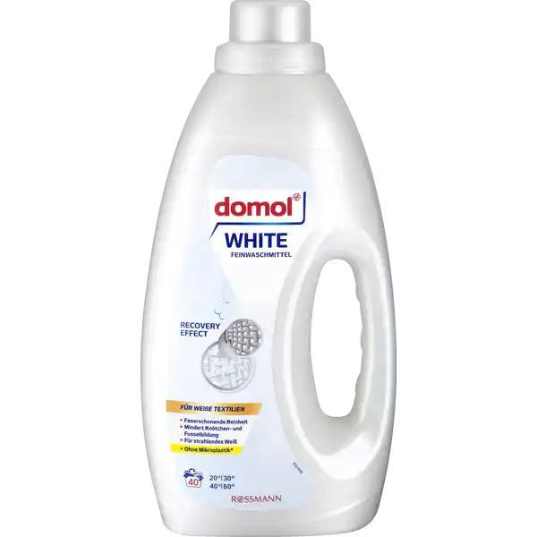 domol White Feinwaschmittel Flssig  WL: Цвет: https://www.rossmann.de/de/haushalt-domol-white-feinwaschmittel-fluessig-40-wl/p/4305615431550
Produktbeschreibung und details Freuen Sie sich auf eine tiefenwirksame Reinigung und modernste Faserpflege fr Ihre weie Wsche  mit dem domol White Feinwaschmittel hochwertiger RecoveryEffect reduziert Kntchen und Fusselbildung krftigt die Faserstruktur und schtzt die Farbintensitt mit AntiGrauschleierFormel fr weie Textilien faserschonende Reinheit mindert Kntchen und Fusselbildung fr intensive Weileuchtkraft Rezeptur ohne Mikroplastik nach ECHA Definition Kontaktdaten Dirk Rossmann GmbH Isernhgener Strae   Burgwedel wwwrossmannde UrsprungslandHerkunftsort Deutschland Anwendung und Gebrauch Die Pflegehinweise in den Textilien beachten und die Wsche vorsortieren Textilien auf links waschen und trocknen Nicht fr Wolle und Seide geeignet Hartnckige Flecken bei Bedarf vorbehandeln Gem Wasserhrte Verschmutzungsgrad und Beladung der Waschmaschine dosieren siehe Dosiertabelle und die empfohlene Beladungsmenge des Gerteherstellers beachten Waschmittel ber die Einsplkammer dosieren oder mit Dosierkugel direkt in die Trommel geben Nicht direkt auf die Wsche geben Mit mglichst niedriger Temperatur waschen Fr stark verschmutzte Textilien hhere Temperaturen whlen max C Gebrauch Aufbewahrung und Verwendung Aufbewahrungs und Verwendungsbedingungen Produkt aufrecht transportieren und lagern Vor Frost und Hitze schtzen Inhaltsstoffe  anionische Tenside nichtionische Tenside amplt Seife Phosphonate Enthlt Enzyme Konservierungsmittel Phenoxyethanol Dodecylguanidine Hydrochloride Methylisothiazolinone Benzisothiazolinone optische Aufheller Duftstoffe Hexyl Cinnamal Citronellol Warnhinweise und wichtige Hinweise Warnhinweise ACHTUNG Verursacht Hautreizungen Verursacht schwere Augenreizung Ist rztlicher Rat erforderlich Verpackung oder Kennzeichnungsetikett bereithalten Darf nicht in die Hnde von Kindern gelangen BEI BERHRUNG MIT DER HAUT Mit viel Wasser waschen BEI KONTAKT MIT DEN AUGEN Einige Minuten lang behutsam mit Wasser splen Eventuell vorhandene Kontaktlinsen nach Mglichkeit entfernen Weiter splen Bei anhaltender Augenreizung rztlichen Rat einholen rztliche Hilfe hinzuziehen Bei Hautreizung rztlichen Rat einholenrztliche Hilfe hinzuziehen Detergenzienblatt Detergenzienblatt Laden Sie das Dokument zum Produkt als PDF herunter