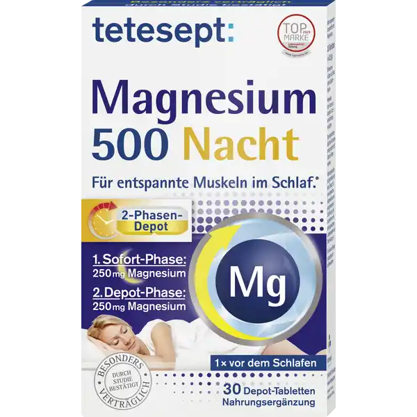 tetesept Magnesium 500 Nacht Tabletten: Цвет: https://www.rossmann.de/de/gesundheit-tetesept-magnesium-500-nacht-tabletten/p/4008491276290
Produktbeschreibung und details Unsere Muskeln und Nerven werden aufgrund besonderer Herausforderungen in Sport Beruf und Alltag tglich in hohem Mae beansprucht In der Nacht sind entspannte Muskeln sowie innere Ruhe jedoch eine wichtige Voraussetzung fr erholsamen Schlaf Eine ausreichende Versorgung mit Nhrstoffen kann helfen den menschlichen Organismus zu untersttzen tetesept Magnesium  Nacht versorgt den Krper mit hochdosiertem Magnesium Dieses trgt bei zu einer normalen Muskelfunktion zu einer normalen Funktion des Nervensystems Laktose und glutenfrei Dank des PhasenDepots wird eine Versorgung mit Magnesium ber mehrere Stunden gewhrleistet  SofortPhase mg Magnesium  DepotPhase mg Magnesium mit  mg hochdosiertem Magnesium fr entspannte Muskeln im Schlaf und eine normale Funktion des Nervensystems  Phasen Depot x vor dem Schlafen Lebensmittelunternehmer Name Merz Consumer Care GmbH Adresse Eckenheimer Landstrae   Frankfurt am Main wwwteteseptde Rechtlich vorgeschriebene Produktbezeichnung Nahrungsergnzungsmittel mit Magnesium Zutaten Magnesiumoxid   Fullstoff Mikrokristalline Cellulose Hydroxypropylmethylcellulose Natrium Carboxymethylcellulose Trennmittel Magnesiumsalze der Speisefettsuren Farbstoff Riboflavin Nhrwerte Durchschnittliche Nhrwertangaben pro  Portion  Tablette NRV Magnesium  mg   Anwendung und Gebrauch Tglich   Tablette mit ausreichend Flssigkeit verzehren Wir empfehlen die Einnahme vor dem Schlafengehen Bei erhhtem Magnesiumbedarf zB durch starke krperliche Belastung im Beruf und beim Sport und in Verbindung mit einer magnesiumarmen Ernhrung  Tablette verzehren Zur Nahrungsergnzung lediglich  Tablette verzehren Gebrauch Aufbewahrung und Verwendung Aufbewahrungs und Verwendungsbedingungen Vor Hitze und direkter Lichteinstrahlung schtzen Warnhinweise und wichtige Hinweise Warnhinweise Die empfohlene tgliche Verzehrsmenge darf nicht berschritten werden Es kann eine leicht abfhrende Wirkung auftreten Keine weiteren magnesiumhaltigen Prparate zustzlich einnehmen Fr kleine Kinder unzugnglich aufbewahren Nahrungsergnzungsmittel sind kein Ersatz fr eine abwechslungsreiche und ausgewogene Ernhrung die zusammen mit einer gesunden Lebensweise von Bedeutung ist