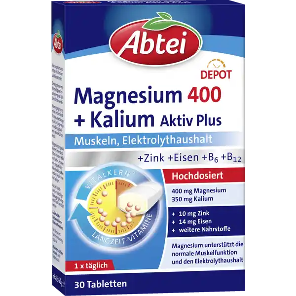 Abtei Magnesium 400 + Kalium Aktiv Plus Tabletten: Цвет: https://www.rossmann.de/de/gesundheit-abtei-magnesium-400--kalium-aktiv-plus-tabletten/p/4250752204584
Produktbeschreibung und details Besonders Sport und hohe krperliche Belastung erfordern aktive Muskeln Energie und einen gesunden Elektrolythaushalt Abtei Magnesium Kalium untersttzt mit einer Kombination aus Magnesium und Kalium die normale Funktion des Nervensystems und der Muskeln Magnesium trgt zudem zum Elektrolytgleichgewicht bei whrend die Vitamine B und B den Energiestoffwechsel untersttzen Das spezielle LangzeitDepot gibt dabei die Nhrstoffe ber mehrere Stunden hinweg ab und stellt somit eine kontinuierliche Versorgung des Krpers sicher Magnesium und Kalium fr die Aufrechterhaltung der Muskelfunktion Magnesium fr die Untersttzung des Elektrolythaushalt fr die Aufrechterhaltung der Muskelfunktion und Energieleistung beim Sport Magnesium sowie Eisen Jod Vitamin B und B untersttzen den Energiestoffwechsel Depottechnologie mit Langzeiteffekt nur  x tglich glutenfrei lactosefrei vegan Lebensmittelunternehmer Name ABTEI OP Pharma GmbH Adresse Abtei  D Marienmnster wwwabteide UrsprungslandHerkunftsort Deutschland Rechtlich vorgeschriebene Produktbezeichnung Nahrungsergnzungsmittel mit Vitaminen und Mineralstoffen Zutaten Kaliumchlorid Magnesiumoxid Magnesiumhydroxid Fllstoff Hydroxypropylmethylcellulose Maltodextrin Trennmittel Speisefettsuren Siliciumdioxid Magnesiumsalze der Speisefettsuren Talkum Eisenfumarat berzugsmittel Hydroxypropylmethylcellulose Hydroxypropylcellulose Farbstoff Calciumcarbonat Nicotinamid Zinkoxid Mangansulfat Stabilisator Speisefettsuren Kupfersulfat Vitamin B Kaliumiodid Biotin Vitamin B Nhrwerte Durchschnittliche Nhrwertangaben pro  Portion  Tablette Tagesdosis Referenzwert Referenzmenge nach EULebensmittelinformationsverordnung NRV Kalium  mg   Magnesium  mg   Eisen  mg   Zink  mg   Kupfer  mg   Mangan  mg   Jod  g   Niacin  mg   Vitamin B  mg   Vitamin B  g   Biotin  g   Anwendung und Gebrauch Erwachsene und Jugendliche ab  Jahren Tglich  Tablette mit reichlich Flssigkeit zB  Glas Wasser schlucken Gebrauch Aufbewahrung und Verwendung Aufbewahrungs und Verwendungsbedingungen Vor Wrme und Sonneneinstrahlung schtzen Auerhalb der Reichweite kleiner Kinder aufbewahren Warnhinweise und wichtige Hinweise Warnhinweise Magnesiumprparate knnen bei empfindlichen Personen abfhrend wirken Personen mit eingeschrnkter Nierenfunktion sollten vor dem Verzehr ihren Arzt befragen Auf den Verzehr weiterer zinkhaltiger Nahrungsergnzungsmittel sollte verzichtet werden Nahrungsergnzungsmittel sind kein Ersatz fr eine abwechslungsreiche und ausgewogene Ernhrung sowie eine gesunde Lebensweise Die angegebene empfohlene tgliche Verzehrmenge darf nicht berschritten werden