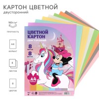 Картон цветной тонированный, А4, 8 листов, 8 цветов, немелованный, двусторонний, в пакете, 180 г/м?, Минни Маус: 