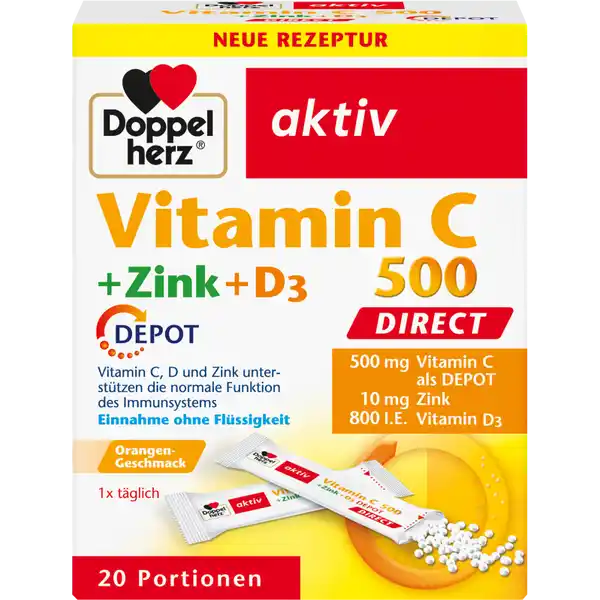 Doppelherz aktiv Vitamin C 500 Direct + Zink + D3: Цвет: Produktbeschreibung und details Fr ein starkes Immunsystem und gesunde Abwehrkrfte spielt eine ausreichende Versorgung mit Nhrstoffen eine wichtige Rolle Bestimmte Vitamine kann der Krper nicht lange speichern Werden z B groe Mengen an Vitamin C mit einem Mal aufgenommen scheidet der Krper einen Teil ungenutzt wieder aus Aus den feinen Granulatperlen mit DEPOTEffekt werden  mg Vitamin C ber viele Stunden nach und nach freigegeben und dem Krper so anhaltend durch kleinere Portionen ber den Tag verteilt zur Verfgung gestellt Zustzlich enthlt dieses Produkt auch  mg Zink und  g Vitamin D Dies entspricht  IE Internationale Einheiten MicroPellets die moderne Darreichungsform fr die schnelle und direkte Einnahme Die feinen Granulatperlen knnen jederzeit und berall ganz ohne Flssigkeit eingenommen werden Ideal fr unterwegs oder bei Einnahmeschwierigkeiten von Tabletten Orangengeschmack Einnahme ohne Flssigkeit wohlschmeckend und besonders leicht einzunehmen Vitamin C und Zink tragen dazu bei die Zellen vor oxidativem Stress zu schtzen Vitamin C D und Zink untersttzen die normale Funktion des Immunsystems Lebensmittelunternehmer Name Queisser Pharma Adresse Schleswiger Str   Flensburg wwwdoppelherzde Rechtlich vorgeschriebene Produktbezeichnung Granulat mit Vitamin C und D Zink und OrangenGeschmack  Nahrungsergnzungsmittel mit Sungsmittel Zutaten Fllstoff Sorbit LAscorbinsure pflanzliche Fette Palm Kokos Raps ganz gehrtet Fllstoff Xylit Suerungsmittel Citronensure Sureregulator Mononatriumcitrat Zinkoxid Verdickungsmittel NatriumCarboxymethylcellulose Aroma mittelkettige Triglyceride Trennmittel Magnesiumsalze der Speisefettsuren Sungsmittel Sucralose Cholecalciferol Nhrwerte Durchschnittliche Nhrwertangaben pro  Portion  Beutel NRV Zink  mg   Vitamin D  g   Vitamin C  mg   Anwendung und Gebrauch Tglich den Inhalt eines Beutels verzehren Die MicroPellets direkt auf die Zunge geben langsam zergehen lassen und schlucken Bitte den Beutel in Pfeilrichtung aufreien Gebrauch Aufbewahrung und Verwendung Aufbewahrungs und Verwendungsbedingungen Trocken und nicht ber  C lagern Fr kleine Kinder unzugnglich aufbewahren Warnhinweise und wichtige Hinweise Warnhinweise Die angegebene empfohlene tgliche Verzehrsmenge darf nicht berschritten werden Nahrungsergnzungsmittel sind kein Ersatz fr eine ausgewogene und abwechslungsreiche Ernhrung und eine gesunde Lebensweise Fr Kinder Jugendliche Schwangere und Stillende sowie Personen mit eingeschrnkter Nierenfunktion nicht geeignet Kann bei bermigem Verzehr abfhrend wirken Ab einer Menge von  mg Zink pro Tag sollte auf die Einnahme weiterer zinkhaltiger Nahrungsergnzungsmittel verzichtet werden
https://www.rossmann.de/de/gesundheit-doppelherz-aktiv-vitamin-c-500-direct--zink--d3/p/4009932134346