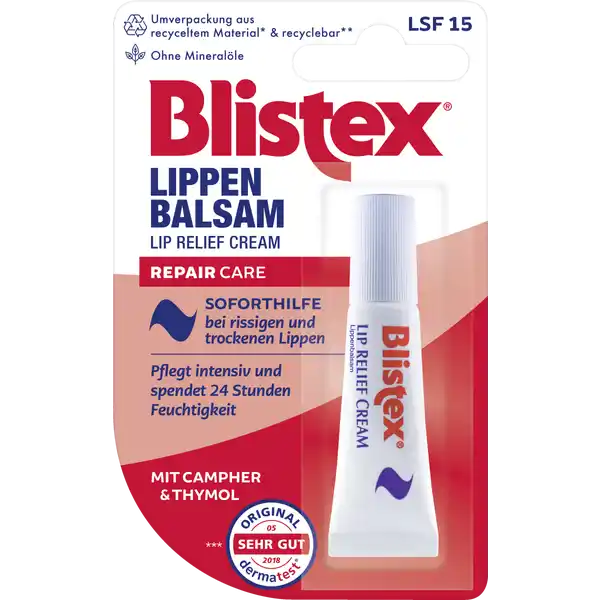 Blistex Lippenbalsam: Цвет: Produktbeschreibung und details Blistex Lippenbalsam sorgt schon ab der ersten Anwendung fr eine sprbare Erlecihterung Die intensive Pflegeformel mit wertvollem Campher und Thymol strkt die Lipidbarriere der Lippenhaut und glttet die Hautoberflche sprder rauer Lippen Hochwertiges Bienenwachs und naturliches Jojobal pflegen deine Haut und machen sie geschmeidig Aufgrund seines hohen Feuchtigkeitsanteils und seiner cremigen Konsistenz lsst sich Blistex Lippenbalsam besonders leicht und geschmeidig auftragen und ist auch als LippenstiftFoundation ideal geeignet Hautvertrglichkeit dermatologisch getestet mit Lichtschutzfaktor  frei von Minerallen Kontaktdaten delta pronatura Egelsbach Deutschland wwwblistexde UrsprungslandHerkunftsort Made in USA Inhaltsstoffe Aqua Simmondsia Chinensis Seed Oil Polyglyceryl Diisostearate Cera Alba Sorbitan Isostearate Lanolin Ethylhexyl Salicylate Butyrospermum Parkii Butter Glycerin Vitis Vinifera Seed Oil Alcohol Denat Mono and DiGlycerides Stearyl Behenate Hydrogenated Soy Polyglycerides Mentha Piperita Oil Aroma Allantoin Camphor Dimethicone Olea Europaea Fruit Oil Ammonium Hydroxide Arachidyl Alcohol Arachidyl Glucoside Behenyl Alcohol C Alkane Calcium Disodium EDTA Hydrated Silica Lanolin Alcohol Limonene Linalool Phosphoric Acid Sodium Hydroxide Sodium Saccharin Sucralose Thymol Warnhinweise und wichtige Hinweise Warnhinweise Enthlt Campher und Thymol Nicht geeignet fr Kinder unter  Jahren Bei Schwangerschaft und Stillzeit rztlichen Rat einholen
https://www.rossmann.de/de/pflege-und-duft-blistex-lippenbalsam/p/4008455036717