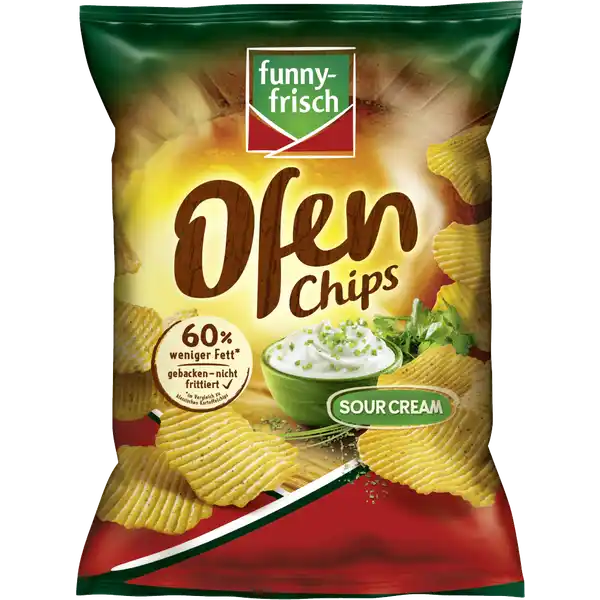 funny-frisch Ofen Chips Sour Cream: Цвет: Produktbeschreibung und details So lecker ist leicht Der wrzigfrische Geschmack von Sour Cream auf den einzigartigen funnyfrisch Ofen Chips  purer Genuss Natrlich gebacken und nicht frittiert   weniger Fett im Vergleich zu klassischen Kartoffelchips fr Vegetarier geeignet Lebensmittelunternehmer Name Intersnack Deutschland SE Adresse ErnaSchefflerStr  DE Kln wwwfunnyfrischde Rechtlich vorgeschriebene Produktbezeichnung Kartoffelsnack mit SauerrahmGeschmack Zutaten Kartoffelpulver  Strke pflanzliche le Sonnenblume Raps in vernderlichen Gewichtsanteilen Zucker Zwiebelpulver Speisesalz Emulgator Lecithine Sonnenblume Dextrose natrliches Aroma enthlt MILCH  Molkenpulver  MILCH  JOGHURTPULVER  Kruter Trockenmilcherzeugnis aus SAUERRAHM  Suerungsmittel Milchsure Sureregulator Calciumphosphate Backtriebmittel Natriumhydrogencarbonat Knoblauchpulver Hefeextrakt frbendes Lebensmittel schwarzer TeeExtrakt Kann Spuren von SESAM und WEIZEN enthalten Nhrwerte Durchschnittliche Nhrwertangaben pro  g pro  Portion GDA  g Tagesdosis Referenzwert Referenzmenge fr einen durchschnittlichen Erwachsenen kj  kcal Energie  kj   kcal  kj   kcal   Fett  g  g   davon  gesttigte Fettsuren  g  g Kohlenhydrate  g  g   davon  Zucker  g  g   Ballaststoffe  g  g Eiwei  g  g   Salz  g  g
https://www.rossmann.de/de/lebensmittel-funny-frisch-ofen-chips-sour-cream/p/4003586102089