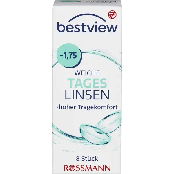 BestView weiche Tageslinsen -1,75: Цвет: https://www.rossmann.de/de/gesundheit-bestview-weiche-tageslinsen--175/p/4719879669541
Produktbeschreibung und details Durch das besonders weiche sauerstoffdurchlssige Material der Tageslinsen wird kaum Eingewhnungszeit bentigt Die Kanten wurden speziell fr hohen Tragekomfort entwickelt Dadurch bleibt die Sehschrfe auch an den Rndern der Linse optimal Tageslinsen sind die gesndeste KontaktlinsenVariante fr die Augen Die Linsen werden tglich ausgetauscht und mssen nicht gereinigt werden Tageslinsen sind ebenfalls ideal wenn man nur ab und zu Kontaktlinsen trgt etwas beim Sport im Urlaub oder am Wochenende hoher Tragekomfort  Stck Kontaktdaten Dirk Rossmann GmbH Isernhgener Strae   Burgwedel wwwrossmannde Gebrauch Aufbewahrung und Verwendung Aufbewahrungs und Verwendungsbedingungen Empfohlen wird die Lagerung bei Raumtemperatur Inhaltsstoffe  sterile weiche getnte Kontaktlinsen  Methafilcon  HO in gepufferter Kochsalzlsung Warnhinweise und wichtige Hinweise Warnhinweise Nicht verwenden bei beschdigter Linsenverpackung Gehen Sie mit Ihren Linsen bitte regelmig zu einer augenrztlichen Kontrolle Folgen Sie den Anweisungen Ihres Kontaktlinsenanpassers Schlafen Sie nicht mit eingesetzter Linse Das Tragen von Kontaktlinsen kann eine Sonnenbrille nicht ersetzen Ihre Augen sind kostbar Bitte beachten Sie die beiligenden Gebrauchsinformationen