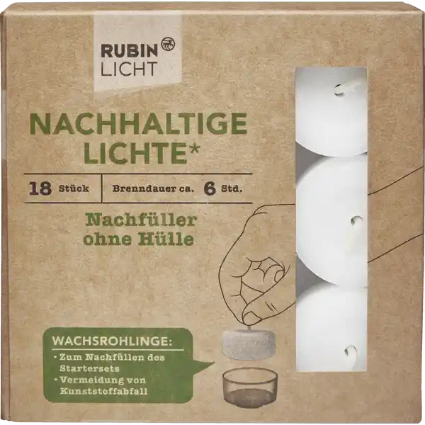 RUBIN LICHT Nachhaltige Lichte Nachfller ohne Hlle: Цвет: Produktbeschreibung und details Brenndauer ca  Stunden Gre ca  x  mm Material  Paraffin zum Nachfllen des Startersets Vermeidung von Kunststoffabfall Die Nachhaltigkeit der Lichte bezieht sich auf die Wiederverwendbarkeit der Hllen welche durch den einmaligen Kauf des Startersets erworben werden Die Nachfller sind ressourcenschonend und reduzieren den Kunststoffabfall Kontaktdaten Dirk Rossmann GmbH Isernhgener Strae   Burgwedel wwwrossmannde UrsprungslandHerkunftsort EU Warnhinweise und wichtige Hinweise Warnhinweise Bitte lassen Sie Kerzen nie unbeaufsichtigt brennen und beachten Sie die aufgefhrten Sicherheitssymbole Brennende Lichte nicht bewegen oder versetzen und niemals mit Wasser lschen Darf nicht in die Hnde von Kindern gelangen Verwenden Sie diese Lichte nicht fr Stvchen um Tee o warm zu halten Den Metalldochthalter des ausgebrannten Lichtes entfernen bevor ein neuer Rohling eingesetzt wird
https://www.rossmann.de/de/haushalt-rubin-licht-nachhaltige-lichte-nachfueller-ohne-huelle/p/4305615926315