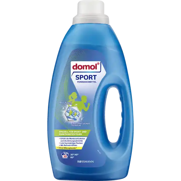 domol Sport Feinwaschmittel Flssig  WL: Цвет: https://www.rossmann.de/de/haushalt-domol-sport-feinwaschmittel-fluessig-30-wl/p/4305615571379
Produktbeschreibung und details Freuen Sie sich auf eine tiefenwirksame Reinigung und modernste Faserpflege fr Ihre Wsche  mit dem domol Sport Feinwaschmittel fr atmungsaktive Funktionsbekleidung Elastan synthetische und natrliche Fasern sowie Mikrofaserstoffe und Mischgewebe geeignet Textilien bleiben atmungsaktiv und winddicht mit RefreshEffekt erhlt die Membranfunktion und die Atmungsaktivitt lst hartnckige Flecken Rezeptur ohne Mikroplastik nach ECHA Definition Kontaktdaten Dirk Rossmann GmbH Isernhgener Strae   Burgwedel wwwdomolrossmannde UrsprungslandHerkunftsort Deutschland Anwendung und Gebrauch Die Pflegehinweise in den Textilien beachten und die Wsche vorsortieren Nicht farbechte Textilien separat waschen Textilien auf links waschen und trocknen Nicht fr Wolle und Seide geeignet Hartnckige Flecken bei Bedarf vorbehandeln Gem Wasserhrte Verschmutzungsgrad und Beladung der Waschmaschine dosieren siehe Dosiertabelle Waschmittel ber die Einsplkammer dosieren oder mit Dosierkugel direkt in die Trommel geben Nicht direkt auf die Wsche geben Mit mglichst niedriger Temperatur waschen Fr stark verschmutzte Textilien hhere Temperaturen whlen max C Gebrauch Aufbewahrung und Verwendung Aufbewahrungs und Verwendungsbedingungen Produkt aufrecht transportieren und lagern Vor Frost und Hitze schtzen Inhaltsstoffe     anionische Tenside amplt   nichtionische Tenside Seife Phosphonate Enthlt Enzyme Konservierungsmittel Phenoxyethanol Benzisothiazolinone Methylisothiazolinone Duftstoffe Geraniol AlphaIsomethyl lonone Warnhinweise und wichtige Hinweise Warnhinweise ACHTUNG Verursacht schwere Augenreizung Ist rztlicher Rat erforderlich Verpackung oder Kennzeichnungsetikett bereithalten Darf nicht in die Hnde von Kindern gelangen Nach Gebrauch Hnde grndlich waschen AugenschutzGesichtsschutz tragen BEI KONTAKT MIT DEN AUGEN Einige Minuten lang behutsam mit Wasser splen Eventuell vorhandene Kontaktlinsen nach Mglichkeit entfernen Weiter splen Bei anhaltender Augenreizung rztlichen Rat einholenrztliche Hilfe hinzuziehen Detergenzienblatt Detergenzienblatt Laden Sie das Dokument zum Produkt als PDF herunter