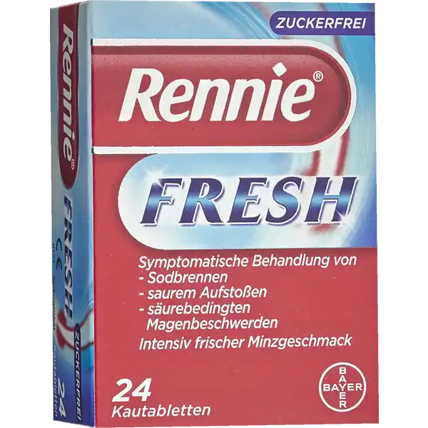 Rennie Fresh Kautabletten: Цвет: https://www.rossmann.de/de/gesundheit-rennie-fresh-kautabletten/p/2050000057007
Produktbeschreibung und details zuckerfrei symptomatische Behandlung von Sodbrennen saurem Aufstoen ampamp surebedingten Magenbeschwerden intensiv frischer Minzgeschmack Kontaktdaten Bayer Vital GmbH D Leverkusen Zutaten Calciumcarbonat Magnesiumcarbonat Sorbitol Maisstrke Kartoffelstrke Talkum Magnesiumstearat flssiges Paraffin Aromastoffe Minzaroma SaccharinNatrium Anwendung und Gebrauch Nehmen Sie bei Bedarf  Kautabletten als Einzeldosis ein vorzugsweise eine Stunde nach den Mahlzeiten und vor dem Zubettgehen aber auch zwischendurch bei Auftreten von Sodbrennen oder Magenbeschwerden Gebrauch Aufbewahrung und Verwendung Aufbewahrungs und Verwendungsbedingungen Fr Kinder unzugnglich aufbewahren Bei Raumtemperatur nicht ber C lagern  vor Feuchtigkeit schtzen Warnhinweise und wichtige Hinweise Warnhinweise ACHTUNG Nicht fr Kinder unter  Jahren geeignet Nicht mehr als  Tabletten pro Tag einnehmen Nicht mehr als  Wochen ununterbrochen einnehmen