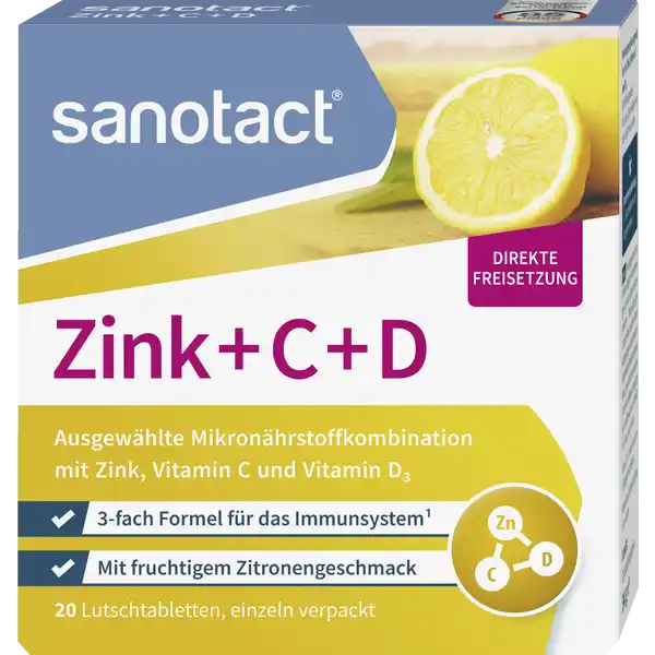 sanotact® Zink + C + D Lutschtabletten: Цвет: https://www.rossmann.de/de/gesundheit-sanotact-zink--c--d-lutschtabletten/p/4003087410157
Produktbeschreibung und details Whrend der kalten Jahreszeiten stressigen Alltagssituationen oder bei hoher geistiger und krperlicher Belastung bentigt der Krper zustzliche Untersttzung Vor allem das Immunsystem wird tglich gefordert Zink zhlt zu den sogenannten essenziellen Spurenelementen und somit fr jeden Einzelnen von uns lebensnotwendig Allerdings kann es vom Krper nicht selbst gebildet werden Der Krper kann Zink auch nicht speichern sodass dieses regelmig mit der Nahrung aufgenommen werden muss sanotact Zink  C  D Lutschtabletten haben eine Nhrstoffkombination aus Zink Vitamin C und Vitamin D die zum Erhalt eines normalen Immunsystems beitragen Zink und Vitamin D tragen zur normalen Zellteilung bei Darber hinaus leistet Vitamin C neben der Verringerung von Mdigkeit auch einen Beitrag zu einem normalen Energiestoffwechsel sanotact Zink  C  D Lutschtabletten haben einen fruchtigen Zitronengeschmack und sorgen nach der Einnahme fr eine direkte Freisetzung Die Lutschtabletten sind frei von Farbstoffen Zuckerzusatz sowie gluten und laktosefrei fach ImmunFormel mit Zink Vitamin C und D  Tablette deckt den Tagesbedarf an Vitamin C und D fruchtige Lutschtablette mit Zitronengeschmack Lebensmittelunternehmer Name sanotact GmbH Adresse Hessenweg   Mnster Germany wwwsanotactde UrsprungslandHerkunftsort Deutschland Rechtlich vorgeschriebene Produktbezeichnung Nahrungsergnzungsmittel mit Zink Vitamin C und D Mit Sungsmittel Zutaten Sungsmittel Sorbit LAscorbinsure Vitamin C Zitronenfruchtpulver   ganz gehrtetes pflanzliches Fett Raps Aroma Zinkcitrat Trennmittel Magnesiumsalze der Speisefettsuren Cholecalciferol Vitamin D Nhrwerte Durchschnittliche Nhrwertangaben pro  g pro  Portion pro  Tabletten Tagesdosis Referenzwert NRV Referenzmenge nach EULebensmittelinformationsverordnung Energie  kj   kcal Fett  g davon  gesttigte Fettsuren  g Kohlenhydrate  g davon  Zucker  g Eiwei  g Salz  g NRV Zink  mg  mg   Vitamin D  g  g   Vitamin C  mg  mg   Anwendung und Gebrauch Verzehrempfehlung  Lutschtabletten pro Tag einnehmen Gebrauch Aufbewahrung und Verwendung Aufbewahrungs und Verwendungsbedingungen Unter  C trocken und vor Licht geschtzt lagern Warnhinweise und wichtige Hinweise Warnhinweise Kann bei bermigem Verzehr abfhrend wirken Die angegebene empfohlene tgliche Verzehrmenge darf nicht berschritten werden Nahrungsergnzungsmittel ersetzen keine ausgewogene und abwechslungsreiche Ernhrung sowie eine gesunde Lebensweise Fr kleine Kinder unzugnglich aufbewahren Enthlt von Natur aus Zucker