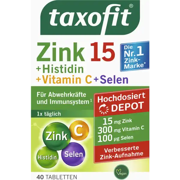 taxofit Zink+Histidin+Selen Depot Tabletten: Цвет: https://www.rossmann.de/de/gesundheit-taxofit-zinkhistidinselen-depot-tabletten/p/4008617011668
Produktbeschreibung und details Menschen die ihr Leben aktiv gestalten brauchen ein funktionierendes Immunsystem Daher sollte auf eine ausreichende Zufuhr von Vitaminen und Mineralstoffen geachtet werden Im Falle einer ausgewogenen Ernhrung oder in stressigen Zeiten tragen die in TAXOFIT Zink  Histidin  Vitamin C  Selen enthaltenen hochdosierten Nhrstoffe Vitamin C Zink und Selen dazu bei das Immunsystem zu untersttzen damit es fr die tglichen Herausforderungen gewappnet ist Zink Vitamin C und Selen tragen dazu bei die Zellen vor oxidativem Stress zu schtzen Zink Vitamin D und Selen tragen zu einer normalen Funktion des Immunsystems bei Histidin ermglicht eine verbesserte ZinkAufnahme Kontaktdaten MCM Klosterfrau Vertriebs GmbH D Kln Zutaten LAscorbinsure Vitamin C Fllstoffe Cellulose Calciumphosphate Isomalt vernetzte Carboxymethylcellulose Aminosure LHistidin Trennmittel Fettsuren Magnesiumsalze der Speisefettsuren Siliciumdioxid Talkum Zinksulfat Geliermittel Hydroxypropylmethylcellulose Stabilisator Hydroxypropylcellulose Rapsl ganz gehrtet Farbstoff Calciumcarbonat pflanzliche le Kokos Palm berzugsmittel Carnaubawachs Natriumselenat Nhrwerte Durchschnittliche Nhrwertangaben pro  Portion  Tablette Tagesdosis Referenzwert Tagesbedarf eines Erwachsenen gem LebensmittelinformationsVerordnung NRV Zink  mg   Selen  g   Vitamin C  mg   Anwendung und Gebrauch  Tablette tglich mit etwas Flssigkeit zu einer Mahlzeit unzerkaut schlucken Gebrauch Aufbewahrung und Verwendung Aufbewahrungs und Verwendungsbedingungen Bitte trocken und nicht ber  C lagern Warnhinweise und wichtige Hinweise Warnhinweise Nahrungsergnzungsmittel sollten nicht als Ersatz fr eine ausgewogene und abwechslungsreiche Ernhrung verwendet werden oder eine gesunde Lebensweise ersetzen Die angegebene empfohlene tgliche Verzehrsmenge darf nicht berschritten werden Auerhalb der Reichweite von kleinen Kindern lagern Auf den Verzehr weiterer zinkhaltiger Nahrungsergnzungsmittel sollte verzichtet werden Nur fr Erwachsene