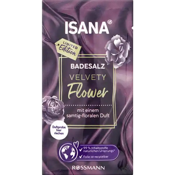 ISANA Badesalz Velvety Flower: Цвет: https://www.rossmann.de/de/pflege-und-duft-isana-badesalz-velvety-flower/p/4305615996462
Produktbeschreibung und details Samtigflorales Dufterlebnis Verwhne deine Haut und Sinne mit unserem ISANA BADESALZ VELVETY FLOWER Der einzigartige Duft nach samtigzarten Blten in Kombination mit Baumwollsamenl schenkt dir ein Wohlfhlerlebnis und hinterlsst ein rundum gepflegtes Hautgefhl limited Edition Hautvertrglichkeit dermatologisch besttigt vegan Kontaktdaten Dirk Rossmann GmbH Isernhgener Str   Burgwedel wwwrossmannde Testurteile Qualittssiegel ampamp Verbandszeichen Anwendung und Gebrauch Gib das Badesalz vollstndig dem einlaufenden Badewasser zu Verteile es mit den Hnden bis alles komplett aufgelst ist Geniee und bade  Minuten bei einer Wassertemperatur von C Nach dem Baden die Wanne sofort mit klarem Wasser aussplen Gebrauch Aufbewahrung und Verwendung Aufbewahrungs und Verwendungsbedingungen Khl trocken und lichtgeschtzt lagern Inhaltsstoffe Maris Sal Silica Parfum Sodium Methyl Oleoyl Taurate Prunus Amygdalus Dulcis Oil Gossypium Herbaceum Seed Oil Sodium Chloride Tocopherol CI  CI  Aqua Sodium Sulfate Warnhinweise und wichtige Hinweise Warnhinweise Kontakt des Trockenproduktes mit Augen und Schleimhuten vermeiden Auerhalb der Reichweite von Kindern aufbewahren Kein Lebensmittel Nicht zum Verzehr geeignet Nicht mit empfindlichen Gegenstnden und Oberflchen in Kontakt bringen