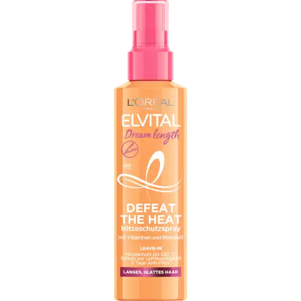 LOral Paris Elvital Dream Length Defeat the Heat Hitzeschutzspray: Цвет: Produktbeschreibung und details Das Dream Length Defeat the Heat Hitzeschutzspray ist das Stylingprodukt fr langes glattes Haar  ganz ohne Wasser Mithilfe von Vitaminen und Rizinusl werden Haare entwirrt das Styling erleichtert und strahlender Glanz verliehen Es beugt Hitzschden vor ampamp schtzt vor Luftfeuchtigkeit Kontaktdaten LORAL Deutschland GmbH  Geschftsbereich LOral Paris Johannstrae   Dsseldorf wwwlorealparisde   UrsprungslandHerkunftsort Frankreich Anwendung und Gebrauch Auf das feuchte bis trockene Haar sprhen Nicht aussplen Das Haar wie gewohnt stylen Gebrauch Aufbewahrung und Verwendung Aufbewahrungs und Verwendungsbedingungen Bei Kontakt mit den Augen diese sofort grndlich aussplen Inhaltsstoffe  A  INGREDIENTS AQUA  WATER  DIMETHICONE  STEARYL ALCOHOL  NIACINAMIDE  RICINUS COMMUNIS SEED OIL  CASTOR SEED OIL  HYDROLYZED WHEAT PROTEIN  HYDROLYZED CORN PROTEIN  HYDROLYZED SOY PROTEIN  HYDROXYCITRONELLAL  PHENOXYETHANOL  STEARETH  PEG HYDROGENATED CASTOR OIL  BEHENTRIMONIUM CHLORIDE  TRIDECETH  SALICYLIC ACID  LIMONENE  PANTHENOL  BENZYL SALICYLATE  LINALOOL  BENZYL ALCOHOL  AMODIMETHICONE  ISOPROPYL ALCOHOL  ALPHAISOMETHYL IONONE  GERANIOL  CETRIMONIUM CHLORIDE  CITRONELLOL  CITRIC ACID  LAURETH  LAURETH  COUMARIN  HEXYL CINNAMAL  PARFUM  FRAGRANCE FIL C Warnhinweise und wichtige Hinweise Warnhinweise Bei Kontakt mit den Augen diese sofort grndlich aussplen
https://www.rossmann.de/de/pflege-und-duft-loreal-paris-elvital-dream-length-defeat-the-heat-hitzeschutzspray/p/3600523966714