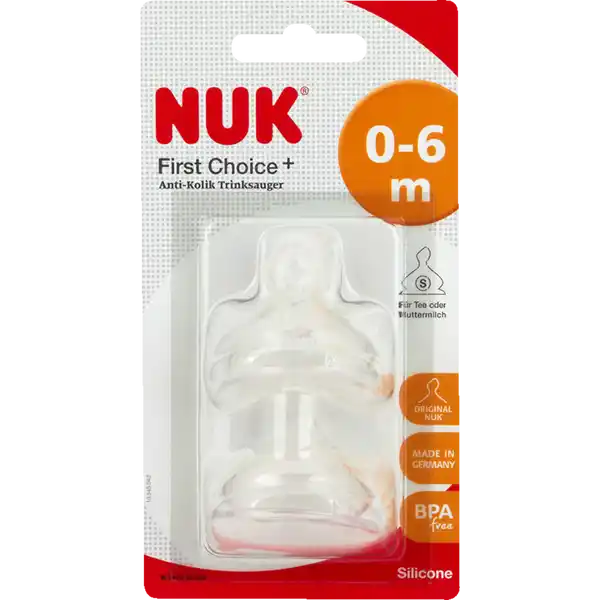 NUK Anti-Kolik Trinksauger "First Choice+": Цвет: Produktbeschreibung und details NUK AntiColic VentilSauger quotFirst Choicequot NUK FIRST CHOICE verbindet alle orthodontischen Vorteile der NUK Form mit einem Gefhl wie an der Mutterbrust Natrlich und kiefergerecht Die spezielle NUK Form ist der Mutterbrust beim Stillen nachempfunden Sie lsst der Zunge und dem Kiefer Ihres Babys ausreichend Platz fr die natrliche Saugbewegung Maximale Weichheit Durch die neue Softzone passt sich das Lutschteil aus Silikon dem Gaumen noch besser an  fr ein natrliches Trinkgefhl Beugt Koliken vor Optimiertes ANTICOLIC AIR SYSTEM sorgt fr einen natrlichen Nahrungsfluss  damit Ihr Baby entspannt trinken kann ohne dabei Luft zu schluckenBMN Silikon Muttermilch ampamp TeeSaugerSauger Gr  untersttzt das Stillen beugt Koliken vor in kiefergerechter Form mit NUK Air System BPAfrei klinisch getestet von  Monaten UrsprungslandHerkunftsort Deutschland Anwendung und Gebrauch Gebrauchsanweisung Vor Erstgebrauch ca  Minuten auskochen dabei auf gengend Flssigkeit im Topf achten um Beschdigungen zu vermeiden Aus hygienischen Grnden den Sauger vor jedem weiteren Gebrauch mit Handsplmittel reinigen und desinfizieren Sauger und Flaschen gehren nicht in die Splmaschine  es kann zu Materialschden durch Splmaschinenreiniger kommen Eine Mikrowellensterilisation sollte nur mit dem NUK MikrowellenVaporisator durchgefhrt werden ansonsten knnen Materialschden auftreten bitte Gebrauchsanweisung des Vaporisators beachten Mit Wasser Nahrung gefllte Flaschen gehren nicht in die Mikrowelle ExplosionsgefahrMaterialschden Durch ungleichmige Erhitzung besteht Verbrhungsgefahr Flaschen stets geffnet erwrmen Explosionsgefahr Prfen Sie vor jedem Gebrauch das Belftungsventil und die Trinkffnung durch leichtes Auseinanderziehen auf Gngigkeit NahrungGetrnke nur in der vom jeweiligen Hersteller empfohlenen Menge und Konsistenz verabreichen Warnhinweise und wichtige Hinweise Warnhinweise ACHTUNG Stillen ist das Beste fr Suglinge dieses Produkt darf nur unter Aufsicht von Erwachsenen verwendet werden Ernhrungssauger drfen niemals als Schnuller verwendet werden andauerndes ampamp lngeres Saugen von Flssigkeiten verursacht Karies immer die Temperatur des Nahrungsmittels vor dem Fttern berprfen Ernhrungssauger vor jedem Gebrauch berprfen und in alle Richtungen ziehen  besonders bei zahnenden Kindern Bei geringsten Anzeichen von Rissen Bissspuren oder Alterserscheinungen wie Aufquellen oder Kleben den Sauger auswechseln es knnten Teile abgelst und verschluckt werden Sauger aus hygienischen und Sicherheitsgrnden alle  bis  Monate austauschen Den Ernhrungssauger nicht direktem Sonnenlicht oder Wrme aussetzen oder in Desinfektionsmitteln Sterilisationslsung ber die angegebene Dauer hinaus lassen da der Sauger dadurch beschdigt werden kann Lichtgeschtzt hygienisch und trocken aufbewahren Sauger nicht in geste Flssigkeiten oder Medizin tauchen Sauger ausschlielich mit NUK FIRST CHOICE Flaschen verwenden Konformittserklrung Konformittserklrung Laden Sie das Dokument zum Produkt als PDF herunter
https://www.rossmann.de/de/baby-und-spielzeug-nuk-anti-kolik-trinksauger-first-choice/p/4008600159193