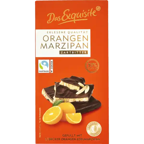 Das Exquisite Orangen Marzipan Zartbitterschokolade: Цвет: Produktbeschreibung und details Schokoladentafel gefllt mit Lbecker OrangenEdelmarzipan Mandeln aus den USA  Cacao in der Schokolade Lebensmittelunternehmer Name Dirk Rossmann GmbH Adresse Isernhgener Str   Burgwedel wwwrossmannde     UrsprungslandHerkunftsort Deutschland Mandeln aus den USA Testurteile Qualittssiegel ampamp Verbandszeichen Rechtlich vorgeschriebene Produktbezeichnung Gefllte Zartbitterschokolade  mit Lbecker OrangenEdelmarzipan  Zutaten Zucker Kakaomasse MANDELN gemahlen  Wasser Kakaobutter Maltodextrin Orangendicksaft  Emulgator Lecithine natrliches OrangenAroma Suerungsmittel Citronensure Feuchthaltemittel Invertase frbende Extrakte aus Paprika Kakao  mindestens in der SchokoladeKann Spuren von HASELNSSEN  WALNSSEN  PISTAZIEN  WEIZEN  GERSTE  SOJA  MILCHERZEUGNISSEN und EI enthalten Nhrwerte Durchschnittliche Nhrwertangaben pro  g Energie  kj   kcal Fett  g davon  gesttigte Fettsuren  g Kohlenhydrate  g davon  Zucker  g Eiwei  g Salz amplt  g Gebrauch Aufbewahrung und Verwendung Aufbewahrungs und Verwendungsbedingungen Vor Wrme schtzen und trocken lagern Zubereitung Verzehrfertig  Abgesehen vom Auspacken ist keine weitere Zubereitung notwendig
https://www.rossmann.de/de/lebensmittel-das-exquisite-orangen-marzipan-zartbitterschokolade/p/4305615838991