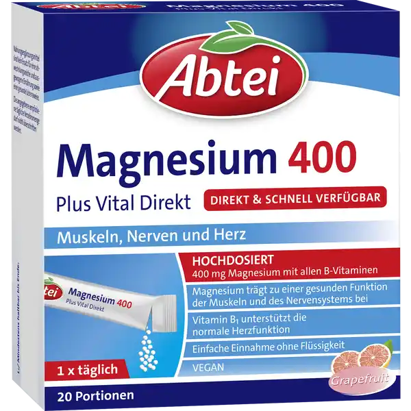 Abtei Magnesium 400 Plus direkt: Цвет: Produktbeschreibung und details Ob beim Sport bei krperlichen Belastungen oder in Stresssituationen Leistungsfhigkeit Energie und starke Nerven sind gefordert wo auch immer Sie sich gerade befinden Abtei Magnesium  Plus Vital Direkt untersttzt mit hochdosiertem Magnesium die Muskelfunktion sowie in Kombination mit Vitamin B B B die Nervenfunktion Das Granulat kann jederzeit ohne Flssigkeit eingenommen werden und stellt die Nhrstoffe schnell und einfach zur Verfgung Fr unterwegs oder auch bei Einnahmeschwierigkeiten von Tabletten Lebensmittelunternehmer Name ABTEI OP Pharma GmbH Adresse Abtei  D   Marienmnster wwwabteide Rechtlich vorgeschriebene Produktbezeichnung Nahrungsergnzungsmittel mit Magnesium und BVitaminen Zutaten Sungsmittel Sorbit Magnesiumoxid Suerungsmittel Citronensure Nicotinamid Calciumpantothenat Vitamin B Vitamin B Vitamin B Aromen Sungsmittel Sucralose Natriumsaccharin Folsure Biotin Vitamin B Nhrwerte Durchschnittliche Nhrwertangaben pro  Portion pro Beutel Tagesdosis Referenzwert Referenzmenge nach EULebensmittelinformationsverordnung NRV Magnesium  mg   Vitamin B Thiamin  mg   Vitamin B Riboflavin  mg   Niacin  mg   Vitamin B  mg   Folsure  g   Vitamin B  g   Biotin  g   Pantothensure  mg   Anwendung und Gebrauch Verzehrempfehlung Fr Erwachsene und Jugendliche ab  JahrenTglich den Inhalt eines Beutels verzehren Das Granulat direkt auf die Zunge geben langsam zergehen lassen und schlucken Gebrauch Aufbewahrung und Verwendung Aufbewahrungs und Verwendungsbedingungen Vor Wrme und Sonneneinstrahlung schtzen Auerhalb der Reichweite kleiner Kinder aufbewahren Warnhinweise und wichtige Hinweise Warnhinweise Magnesiumprparate knnen bei empfindlichen Personen abfhrend wirken Personen mit eingeschrnkter Nierenfunktion sollten vor dem Verzehr ihren Arzt befragenNahrungsergnzungsmittel sind kein Ersatz fr eine abwechslungsreiche und ausgewogene Ernhrung sowie eine gesunde Lebensweise Die angegebene empfohlene tgliche Verzehrsmenge darf nicht berschritten werden mit Sungsmitteln
https://www.rossmann.de/de/gesundheit-abtei-magnesium-400-plus-direkt/p/4250752205192