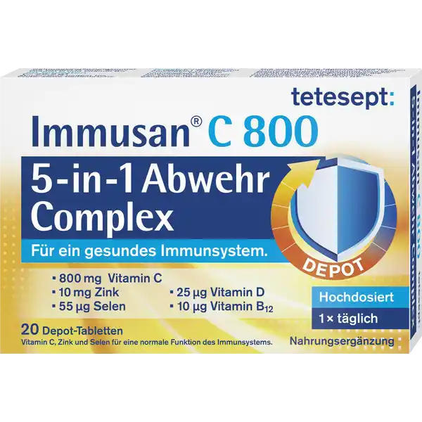 tetesept Immusan C 800 5-in-1 Abwehr Complex: Цвет: https://www.rossmann.de/de/gesundheit-tetesept-immusan-c-800-5-in-1-abwehr-complex/p/4008491119771
Produktbeschreibung und details tetesept Immusan C  Depot Complex Tabletten untersttzen ein gesundes Immunsystem in Belastungssituationen Sie sind hochdosiert mit  mg Vitamin C Weiterhin enthalten sie  mg Zink und  g Selen plus D und B Diese Nhrstoffe tragen zu einer normalen Funktion des Immunsystems bei Durch die DepotTechnik der Tabletten kann der Krper gleichmig ber mehrere Stunden mit diesen Nhrstoffen versorgt werden Bereits mit nur  Tablette tglich werden die Abwehrkrfte untersttzt laktose und glutenfrei Lebensmittelunternehmer Name Merz Consumer Care GmbH Adresse Eckenheimer Landstrae   Frankfurt am Main wwwteteseptde UrsprungslandHerkunftsort Deutschland Rechtlich vorgeschriebene Produktbezeichnung Nahrungsergnzungsmittel Zutaten Ascorbinsure Vitamin C Fllstoffe Hydroxypropylmethylcellulose Mikrokristalline Cellulose Calciumcarbonat Zinkoxid Trennmittel Magnesiumsalz der Speisefettsuren berzugsmittel Hydroxypropylcellulose Saccharose Maltodextrin Modifizierte Strke Fllstoff Gummi Arabicum Trennmittel Talkum l pflanzlich Kokosnuss Maisstrke Trennmittel Speisefettsure Fllstoff Mannit Farbstoff Eisenoxid gelb Natriumselenat Trennmittel Tricalciumphosphat Cholecalciferol Vitamin D Antioxidationsmittel DLalphaTocopherol Cyanocobalamin Vitamin B Nhrwerte Durchschnittliche Nhrwertangaben pro  Portion Zink  mg Selen  g Vitamin C  mg Vitamin B  g Anwendung und Gebrauch  mal tglich  Tablette mit Flssigkeit verzehren Gebrauch Aufbewahrung und Verwendung Aufbewahrungs und Verwendungsbedingungen Trocken und nicht ber C aufbewahren Warnhinweise und wichtige Hinweise Warnhinweise Fr kleine Kinder unzugnglich aufbewahren Nahrungsergnzungsmittel sind kein Ersatz fr eine abwechslungsreiche und ausgewogene Ernhrung die zusammen mit einer gesunden Lebensweise von Bedeutung ist