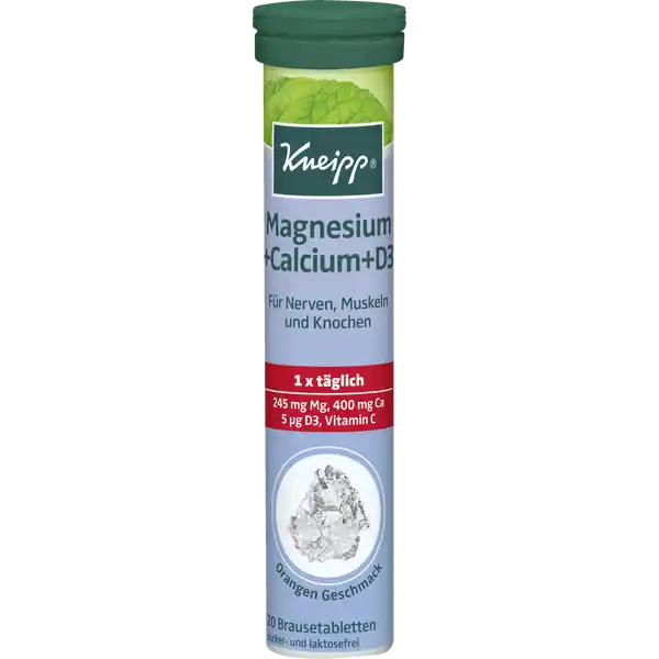 Kneipp Brausetabletten Magnesium + Calcium +D3: Цвет: https://www.rossmann.de/de/gesundheit-kneipp-brausetabletten-magnesium--calcium-d3/p/4008233042435
Produktbeschreibung und details Fr Nerven Muskeln und Knochen Magnesium trgt zu einer normalen Funktion der Muskeln und des Nervensystems bei Calcium wird zur Erhaltung normaler Knochen bentigt dazu tragen auch Magnesium und Vitamin D bei Vitamin C trgt zu einer normalen Kollagenbildung fr eine normale Funktion der Knochen bei Lebensmittelunternehmer Name Kneipp GmbH Adresse D  Wrzburg wwwkneippde   UrsprungslandHerkunftsort Deutschland Rechtlich vorgeschriebene Produktbezeichnung Nahrungsergnzungsmittel mit Magnesium Calcium Vitamin D und C  mit Sungsmitteln Zutaten Suerungsmittel Citronensure Calciumcarbonat Magnesiumcarbonat Sureregulator Natriumhydrogencarbonat Maisstrke Aromen Vitamin C Sungsmittel Natriumcyclamat und SaccharinNatrium acetylierte Strke Farbstoff BetaCarotin Vitamin D Nhrwerte Durchschnittliche Nhrwertangaben pro  Portion NRV Calcium  mg   Magnesium  mg   Vitamin D  g   Vitamin C  mg   Anwendung und Gebrauch Tglich  Brausetablette in einem Glas Wasser ca  ml aufgelst trinken Gebrauch Aufbewahrung und Verwendung Aufbewahrungs und Verwendungsbedingungen Gut verschlossen und trocken aufbewahren Warnhinweise und wichtige Hinweise Warnhinweise Die angegebene empfohlene tgliche Verzehrmenge darf nicht berschritten werden Nahrungsergnzungsmittel sind kein Ersatz fr eine ausgewogene und abwechslungsreiche Ernhrung und eine gesunde Lebensweise Auerhalb der Reichweite von kleinen Kindern aufbewahren Gut verschlossen und trocken aufbewahren