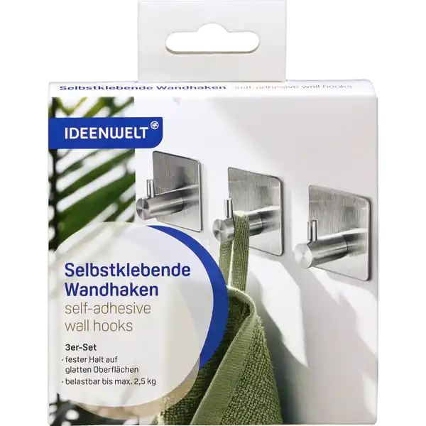 IDEENWELT Selbstklebende Wandhaken 3er-Set silber: Цвет: Produktbeschreibung und details fester Halt auf glatten Oberflchen belastbar bis max  kg Kontaktdaten Dirk Rossmann GmbH Isernhgener Strae   Burgwedel wwwrossmannde
https://www.rossmann.de/de/haushalt-ideenwelt-selbstklebende-wandhaken-3er-set-silber/p/4305615997704