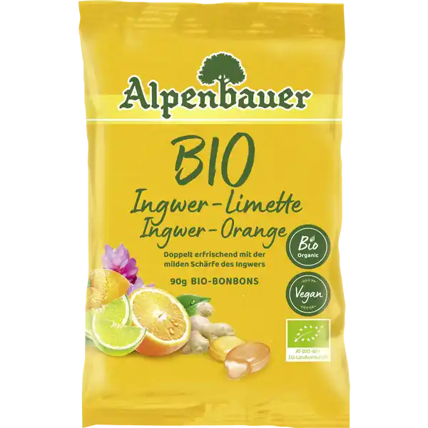 Alpenbauer Bio Bonbons Ingwer Limette-Orange: Цвет: https://www.rossmann.de/de/gesundheit-alpenbauer-bio-bonbons-ingwer-limette-orange/p/4054451250046
Produktbeschreibung und details Doppelt erfrischend mit der milden Schrfe des Ingwers Lebensmittelunternehmer Name Bavarian Sweets GmbH Adresse Grnwalder Weg a  Unterhaching  Germany Bio Zertifikat ATBIO UrsprungslandHerkunftsort EU Landwirtschaft Testurteile Qualittssiegel ampamp Verbandszeichen Rechtlich vorgeschriebene Produktbezeichnung Gefllte BIOBonbons mit IngwerLimette und Ingwer Orange Geschmack Zutaten Glukosesirup Zucker Suerungsmittel Citronensure IngwerExtrakt   Limettensaftkonzentrat   Orangensaftkonzentrat   natrliches IngwerAroma natrliches LimettenAroma natrliches OrangenAroma natrliches KurkumaAroma frbendes Aroniasaftkonzentrat Rohstoffe aus kontrolliert biologischem Anbau Nhrwerte Durchschnittliche Nhrwertangaben pro  g Energie  kj   kcal Fett  g davon  gesttigte Fettsuren  g Kohlenhydrate  g davon  Zucker  g Eiwei  g Salz  g Gebrauch Aufbewahrung und Verwendung Aufbewahrungs und Verwendungsbedingungen Vor Wrme und Feuchtigkeit schtzen