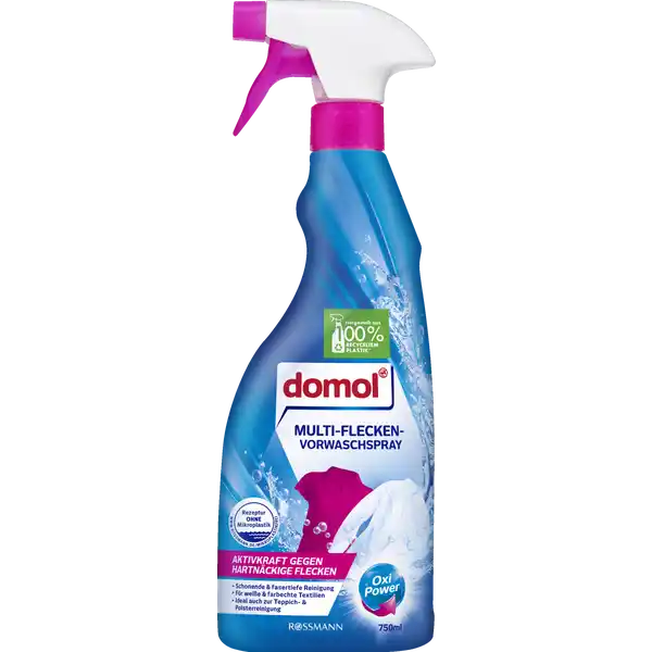 domol Multi-Flecken-Vorwaschspray: Цвет: https://www.rossmann.de/de/haushalt-domol-multi-flecken-vorwaschspray/p/4305615727202
Produktbeschreibung und details Freuen Sie sich auf eine kraftvolle Fleckentfernung mit OxiPower Das domol MultiFleckenVorwaschspray dient zur gezielten Vorbehandlung von Flecken Der besonders hochwirksame AktivSauerstoff beseitigt mhelos hartnckige Flecken wie Kragenschmutz Obst Gemse Rotwein Tee Kaffee Fett Gras und Saucen Aktivkraft gegen hartnckige Flecken Oxi Power schonende ampamp fasertiefe Reinigung fr weie ampamp farbechte Textilien ideal auch zur Teppich ampamp Polsterreinigung Hergestellt aus  RECYCELTEM PLASTIK Flasche ohne Verschluss Kontaktdaten Dirk Rossmann GmbH Isernhgener Strae   Burgwedel wwwrossmannde  UrsprungslandHerkunftsort Deutschland Testurteile Qualittssiegel ampamp Verbandszeichen Anwendung und Gebrauch Den Fleck vor dem Waschen gut einsprhen Max  bis  Minuten einwirken aber nicht eintrocknen lassen Anschlieend Textil wie gewohnt waschen Fr das beste Ergebnis Flecken mglichst sofort behandeln Gebrauch Aufbewahrung und Verwendung Aufbewahrungs und Verwendungsbedingungen Gebrauchshinweise des Herstellers vor Anwendung beachten Nicht auf unwaschbaren Textilien wie Leder Seide Wolle etc anwenden Metallteile nicht direkt ansprhen  Korrosionsgefahr Besprhte Textilien nicht der direkten Sonneneinstrahlung aussetzen Nach Gebrauch Hnde grndlich waschen Inhaltsstoffe unter  Bleichmittel auf Sauerstoffbasis anionische Tenside Phosphonate Enthlt Duftstoffe Warnhinweise und wichtige Hinweise Warnhinweise GEFAHR Verursacht schwere Augenschden Enthlt ETIDRONIC ACID HYDROGEN PEROXIDE Ist rztlicher Rat erforderlich Verpackung oder Kennzeichnungsetikett bereithalten Darf nicht in die Hnde von Kindern gelangen Nach Gebrauch Hnde grndlich waschen Augenschutz tragen BEI KONTAKT MIT DEN AUGEN Einige Minuten lang behutsam mit Wasser splen Eventuell vorhandene Kontaktlinsen nach Mglichkeit entfernen Weiter splen Sofort GIFTINFORMATIONSZENTRUM ArztHersteller anrufen Detergenzienblatt Detergenzienblatt Laden Sie das Dokument zum Produkt als PDF herunter