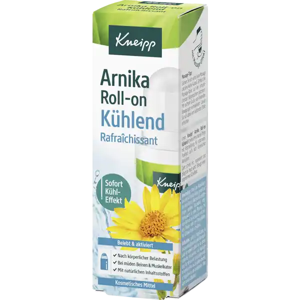 Kneipp Arnika Rollon khlend: Цвет: https://www.rossmann.de/de/gesundheit-kneipp-arnika-roll-on-kuehlend/p/4008233168500
Produktbeschreibung und details Unser Kneipp Arnika Rollon Khlend ist eine erfrischende Pflege mit Sofortwirkung fr unterwegs Praktisch auch nach krperlichen Aktivitten Zieht schnell ein regeneriert und pflegt die Haut sanft Erzeugt einen angenehmen Khleffekt Angenehmer Khleffekt wohltuend auch bei Muskelkater nach sportlichen und krperlichen Aktivitten nach lngerem Sitzen und Stehen oder auf Reisen Einfach in der Anwendung  kein Nachcremen oder Hndewaschen notwendig Sofort KhlEffekt belebt ampamp aktiviert nach krperlicher Belastung bei mden Beinen ampamp Muskelkater mit natrlichen Inhaltsstoffen kosmetisches Mittel vegan Diesem Produkt wurden keine tierischen Bestandteile zugesetzt Kontaktdaten Kneipp GmbH D  Wrzburg wwwkneippde UrsprungslandHerkunftsort Deutschland Anwendung und Gebrauch Dank des Applikators kann die khlende Textur gezielt auf die betroffenen Hautpartien aufgetragen werden Besonders empfehlenswert ist eine Massage mit dem Rollon bei schweren und mden Beinen oder bei Muskelkater Vor Gebrauch gut schtteln MassageTipp Gnnen Sie sich selbst eine Massage und eine kleine Auszeit Einfach den MassageRoller auf den entsprechenden Krperpartien platzieren Mit leichtem Druck und kreisenden Bewegungen einmassieren Lassen Sie sich dabei vom khlenden Effekt erfrischen Inhaltsstoffe Aqua Water Alcohol Xanthan Gum Menthol Panthenol Arnica Montana Flower Extract Rosmarinus Officinalis Rosemary Leaf Oil Eucalyptus Globulus Leaf Oil Pinus Mugo Leaf Oil Pinus Sylvestris Cone Extract Citrus Sinensis Peel Oil Expressed Abies Sibirica Oil Cedrus Deodara Wood Oil Myrocarpus Frondosus Wood Oil Camphor Limonene Linalool Benzyl Alcohol Parfum Fragrance Citric Acid Glycerin Warnhinweise und wichtige Hinweise Warnhinweise Kosmetisches Mittel Nicht auf verletzter Haut auf Schleimhuten oder im Bereich der Augen anwenden Auerhalb der Reichweite von Kindern aufbewahren