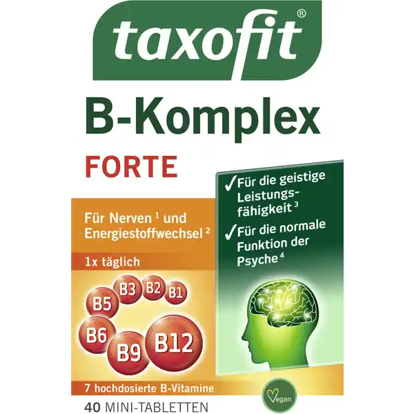 taxofit B-Komplex Forte Tabletten: Цвет: https://www.rossmann.de/de/gesundheit-taxofit-b-komplex-forte-tabletten/p/4008617042587
Produktbeschreibung und details fr Nerven und Energiestoffwechsel fr die geistige Leistungsfhigkeit fr die normale Funktion der Psyche  hochdosierte BVitamine x tglich Lebensmittelunternehmer Name MCM Klosterfrau Adresse D Kln wwwtaxofitde Rechtlich vorgeschriebene Produktbezeichnung Nahrungsergnzungsmittel mit Vitaminen Zutaten Fllstoffe Calciumphosphate Cellulose Nicotinamid CalciumDpantothenat Pyridoxinhydrochlorid berzugsmittel Hydroxypropylmethylcellulose Hydroxypropylcellulose Speisefettsuren Thiaminmononitrat Riboflavin Trennmittel Magnesiumsalze der Speisefettsuren Magnesiumcarbonate Siliciumdioxid Pteroylmonoglutaminsure Folsure Cyanocobalamin Vitamin B Farbstoff Riboflavin Nhrwerte Durchschnittliche Nhrwertangaben pro  Portion  Tablette Tagesdosis Referenzwert NRV Nhrstoffbezugswerte fr Erwachsene nach der LebensmittelInformationsverordnung NRV Vitamin B Thiamin  mg   Vitamin B Riboflavin  mg   Niacin  mg   Vitamin B  mg   Folsure  g   Vitamin B  g   Pantothensure  mg   Anwendung und Gebrauch Verzehrempfehlung  Tablette tglich mit etwas Flssigkeit zu einer Mahlzeit unzerkaut schlucken Gebrauch Aufbewahrung und Verwendung Aufbewahrungs und Verwendungsbedingungen Bitte trocken und nicht ber  Grad Celsius lagern Warnhinweise und wichtige Hinweise Warnhinweise Nahrungsergnzungsmittel sollten nicht als Ersatz fr eine ausgewogene und abwechslungsreiche Ernhrung verwendet werden oder eine gesunde Lebensweise ersetzen Die angegebene empfohlene tgliche Verzehrsmenge darf nicht berschritten werden Auerhalb der Reichweite von kleinen Kindern lagern