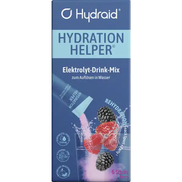 Hydraid Hydration Helper Berry: Цвет: https://www.rossmann.de/de/gesundheit-hydraid-hydration-helper-berry/p/4260473289432
Produktbeschreibung und details Ab jetzt geht deine Hydrierung den wissenschaftlichen Weg Mit dem Hydration Helper hydrierst du schneller als mit purem Wasser und gibst deinem Krper den perfekten Mix aus Flssigkeit und Nhrstoffen  Stick  ml kalorienarme Rehydration Made in Germany  ohne knstliche Farb und Aromastoffe  mg Elektrolyte Na K Mg Cl und  Vitamine C B B B pro Portion Lebensmittelunternehmer Name True Tape Sports GmbH Adresse Fustlestr   Mnchen Rechtlich vorgeschriebene Produktbezeichnung KohlenhydratElektrolytLsungen verbessern die Wasseraufnahme whrend krperlicher Bettigung Zutaten Dextrose Rbenzucker Suerungsmittel Citronensure Natriumcitrat Kaliumcitrat Salz Magnesiumcitrat Kaliumhydrogenphosphat natrliche Aromen Ascorbinsure Vitamin C Rote Beete Pulver Maltodextrin Nicotinamid Vitamin B Zinkcitrat CalciumDpantothenat Vitamin B Cyanocobalamin Vitamin B Sungsmittel Sucralose Nhrwerte Durchschnittliche Nhrwertangaben pro  ml pro  Portion Mineralstoffe und Vitamine pro Stick Energie  kj   kcal Fett amplt  g davon  gesttigte Fettsuren amplt  g Kohlenhydrate  g davon  Zucker  g Eiwei amplt  g Salz  g NRV Natrium  mg Kalium  mg   Chlorid  mg   Magnesium  mg   Zink  mg   Vitamin C  mg   Niacin  mg   Vitamin B  g   Pantothensure  mg   Anwendung und Gebrauch Gebe den Inhalt eines Sticks  g in  ml kaltes oder stilles Wasser Gut umrhren oder Lsung grndlich in einer Flasche schtteln bis sich alle aufgelst hat Schluck fr Schluck trinken bis Flssigkeits und Elektrolytverluste ausgeglichen sind Anwendung bei sportlicher Aktivitt Pro Stunde Sport je nach Anstrengung  Sticks mit Wasser trinken Geeignet sowohl whrend des Sports als auch zur Rehydration danach Getrnk innerhalb von  Stunden nach Herstellung verbrauchen Erwachsene bis zu  Sticks pro Tag Kinder bis zu  Sticks pro Tag einnehmen Gebrauch Aufbewahrung und Verwendung Aufbewahrungs und Verwendungsbedingungen Khl trocken lichtgeschtzt und auerhalb der Reichweite kleiner Kinder aufbewahren Warnhinweise und wichtige Hinweise Warnhinweise Bei Elektrolyt oder Wasserrestriktionen sprechen Sie bitte vor Einnahme mit Ihrem Arzt ber eine angemessene Nutzung Nicht geeignet fr Kinder unter  Jahren