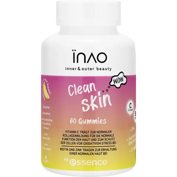 essence INAO inner an outer beauty Clean Skin Gummies by essence: Цвет: https://www.rossmann.de/de/gesundheit-essence-inao-inner-an-outer-beauty-clean-skin-gummies-by-essence/p/4059729366573
Produktbeschreibung und details Die INAO inner an outer beauty Clean Skin Gummies by essence vervollstndigen deine Hautpflege von innen und untersttzen ein strahlendes und glattes Hautbild Die Bananenfrmigen VitaminGummies von INAO kombinieren unter anderem Vitamin C Biotin und Zink Dieses KomplettPaket mit BananenGeschmack trgt zur normalen Kollagenbildung zum Zellschutz vor oxidativem Stress und zum Erhalt normaler Haut bei Zustzlich enthalten die leckeren Clean Skin Gummies Ceramide aus Reiskleieextrakten sowie Milchsurebakterien Fr optimale Resultate wird eine maximale Einnahme von zwei skin Gummies am Tag empfohlen Bitte beachte dass du falls du dich in rztlicher Behandlung befindest angeben solltest dass du Biotin einnimmst enthlt Vitamine Zink Milchsurebakterien und Ceramide aus Reiskleieextrakten laktosefrei ohne knstliche Aromen oder Farbstoffe glutenfrei vegan ohne Zuckerzusatz enthlt von Natur aus Zucker und ohne Gentechnik hergestellt in einem zertifizierten HalalBetrieb Kontaktdaten cosnova GmbH D Frankfurt UrsprungslandHerkunftsort Spanien Zutaten OLIGOFRUCTOSE WASSER ASCORBINSURE VERDICKUNGSMITTEL PEKTIN SUERUNGSMITTEL CITRONENSURE MALTODEXTRIN REISKLEIEEXTRAKT ENTHLT  CERAMIDE SUREREGULATOR NATRIUMCITRATE NATRLICHES BANANENAROMA PFLANZLICHES L KOKOSNUSS AKTIVE BAKTERIENKULTUR LACTOBACILLUS PLANTARUM ZINKCITRAT TRENNMITTEL CARNAUBAWACHS FARBSTOFF KURKUMIN DBIOTIN Nhrwerte Durchschnittliche Nhrwertangaben pro  Portion Pro Tagesverzehr  Gummies NRV Zink  mg   Vitamin C  mg   Biotin  g   Anwendung und Gebrauch  Gummies pro Tag Empfohlen ab  Jahren Gebrauch Aufbewahrung und Verwendung Aufbewahrungs und Verwendungsbedingungen Khl und trocken unter C lagern Vor direkter Sonneneinstrahlung schtzen Das Produkt auerhalb der Reichweite von kleinen Kindern lagern Warnhinweise und wichtige Hinweise Warnhinweise Die angegebene empfohlene tgliche Verzehrmenge darf nicht berschritten werden Das Produkt sollte kein Ersatz fr eine ausgewogene und abwechslungsreiche Ernhrung und eine gesunde Lebensweise sein Personen die Laboruntersuchungen durchfhren lassen sollten angeben dass sie Biotin einnehmen