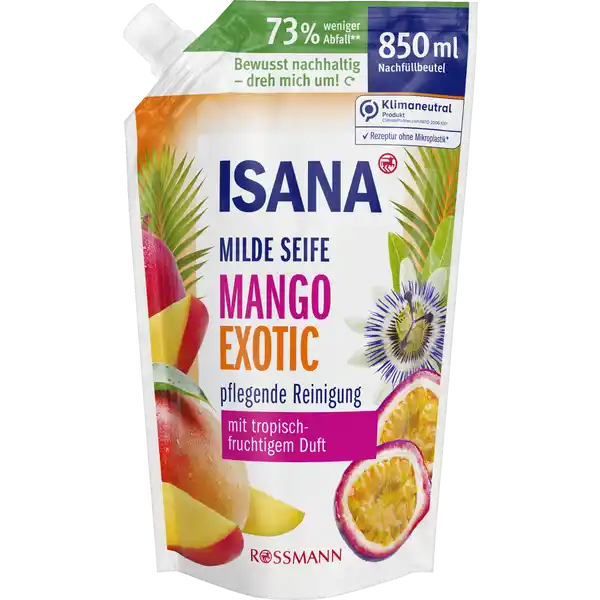 ISANA Milde Seife Mango Nachfllbeutel: Цвет: Produktbeschreibung und details Die ISANA SEIFEN reinigen Deine Hnde sanft und schenken ein geschmeidiges Hautgefhl  Tag fr Tag Die ISANA MILDE SEIFE MANGO EXOTIC mit ausgesuchten Waschsubstanzen und einem natrlichen hautverwandten Pflegelipid schtzt und pflegt Deine Haut beim Hndewaschen Der enthaltene SoftpflegeKomplex hlt Deine Hnde zart und geschmeidig whrend der tropischfruchtige Duft die Sinne belebt HAUTVERTRGLICHKEIT dermatologisch besttigt und pHhautneutral Rezeptur vegan und ohne Mikroplastik Weiterfhrende Informationen zum Thema Klimaneutralitt finden Sie unter rossmanndeklimaneutral und unter climatepartnercom Kontaktdaten Dirk Rossmann GmbH Isernhgener Str   Burgwedel GERMANY wwwrossmannde Testurteile Qualittssiegel ampamp Verbandszeichen Inhaltsstoffe Aqua Sodium Laureth Sulfate Cocamidopropyl Betaine Sodium Chloride CocoGlucoside Glyceryl Oleate Parfum Tocopherol Hydrogenated Vegeta ble Glycerides Citrate Sodium Lactate Citric Acid Sodium Citrate Sodium Benzoate Potassium Sorbate Limonene CI  CI
https://www.rossmann.de/de/pflege-und-duft-isana-milde-seife-mango-nachfuellbeutel/p/4305615901534