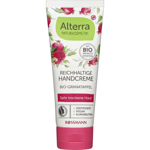 Alterra NATURKOSMETIK Reichhaltige Handcreme Bio-Granatapfel: Цвет: Produktbeschreibung und details Die Handcreme mit BioGranatapfel und wundervoller BioSheabutter regeneriert und pflegt beanspruchte Hnde intensiv Weiterfhrende Informationen zum Thema Klimaneutralitt finden Sie unter rossmanndeklimaneutral und unter climatepartnercom Kontaktdaten Dirk Rossmann GmbH Isernhgener Strae   Burgwedel wwwrossmannde   UrsprungslandHerkunftsort Deutschland Testurteile Qualittssiegel ampamp Verbandszeichen Inhaltsstoffe AQUA GLYCERIN BUTYROSPERMUM PARKII BUTTER ALCOHOL CETYL ALCOHOL GLYCERYL STEARATE CITRATE OLEA EUROPAEA FRUIT OIL HELIANTHUS ANNUUS SEED OIL COCOCAPRYLATE MACADAMIA INTEGRIFOLIA SEED OIL HYDROGENATED VEGETABLE GLYCERIDES THEOBROMA CACAO SEED BUTTER PUNICA GRANATUM FRUIT EXTRACT TOCOPHEROL GLYCERYL CAPRYLATE XANTHAN GUM SCLEROTIUM GUM LEVULINIC ACID PARFUM SODIUM LEVULINATE LINALOOL LIMONENE BENZYL ALCOHOL GERANIOL CITRAL SODIUM HYDROXIDE FROM CERTIFIED ORGANIC AGRICULTURE FROM NATURAL ESSENTIAL OILS HILFSSTOFF FR EINE GUTE PRODUKTPERFORMANCE
https://www.rossmann.de/de/pflege-und-duft-alterra-naturkosmetik-reichhaltige-handcreme-bio-granatapfel/p/4305615780764