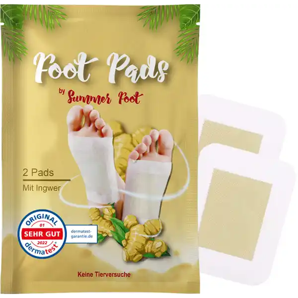 Summer Foot Overnight Fupads mit Ingwerl: Цвет: Produktbeschreibung und details Die Fupads mit Ingwerl beinhalten natrliche Inhaltsstoffe wie Bambusessig Holzessig Turmalin Maisstrke Chitin und Pflanzenfasern Die Pads sind dermatologisch getestet und mit natrlichen Inhaltsstoffen versehen Auch bekannt unter Fu Pflaster Bambus Pflaster oder einfach Fupads Die Fupads knnen ganz einfach und bequem ber Nacht auf die Fe geklebt werden wodurch sie ihre Wirkung entfalten Eine Art Wellness fr Zuhause Die natrlichen Inhaltsstoffe der Fu Pads bzw Fu Pflaster knnen zB ber Nacht in die Haut einziehen Die BambuspflasterFoot Pads sind neben den Fssen ebenfalls auch fr andere Regionen wie Ellbogen Nacken Arme und Rcken geeignet ohne Tierversuche Kontaktdaten Brain Trust GmbH Schlachte   Bremen wwwsummerfootde UrsprungslandHerkunftsort China Anwendung und Gebrauch  Schritt Waschen und trocknen Sie Ihre Fe Ziehen Sie dann das Papier von der Klebefolie ab  Schritt Kleben Sie die Pads auf die Mitte Ihrer Fusohle Fr optimale Ergebnisse ziehen Sie danach Socken ber Ihre Fe und lassen die Pads ber Nacht fr  Stunden einwirken  Schritt Waschen Sie Ihre Fe nach der Anwendung und trocknen Sie sie grndlich ab Gebrauch Aufbewahrung und Verwendung Aufbewahrungs und Verwendungsbedingungen An einem khlen und trockenen Ort aufbewahren vor direktem Sonnenlicht und hohen Temperaturen schtzen Auerhalb der Reichweite von Kindern aufbewahren Inhaltsstoffe Wood Vinegar Extract Bamboo Vinegar Extract Chitin Chitosan Tourmaline Vitamin C Agaricus Blazei Murill Ginger Extract Dextrin Warnhinweise und wichtige Hinweise Warnhinweise Nur zur ueren Anwendung Nicht verwenden wenn Sie schwanger sind oder stillen Nicht verwenden wenn Sie eine berempfindlichkeit oder Allergie gegenber einem der Inhaltsstoffe haben Nicht bei geschdigter irritierter verletzter sensibler oder gereizter Haut sowie bei Fupilz oder Ekzeme anwenden Wenn nach oder whrend der Anwendung eine Reizung oder ein Ausschlag auftreten sollte splen Sie einfach alles vollstndig ab und beenden Sie die Anwendung Um sicherzugehen dass keine Reizungen auftreten wird empfohlen ein Pad vorher  Minuten auf den Fu zu kleben und zu beobachten Sollten dabei Reizungen auftreten die Pads nicht weiter anwenden Benutzen Sie das Pad fr keinen anderen Zweck Die Fupads sind kein Medizinprodukt im Sinne der EU Die Anwendung ersetzt keine rztliche Verordnung Es wird sich von jeglichen Versprechen und Heilaussagen distanziert Bei Krankheit wenden Sie sich bitte an Ihren Arzt oder Heilpraktiker Bei Pflasterallergien wird von einer Anwendung der Fupads abgeraten Die Fupads knnen ber den Hausmll entsorgt werden Fr den einmaligen Gebrauch bestimmt
https://www.rossmann.de/de/pflege-und-duft-summer-foot-overnight-fusspads-mit-ingweroel/p/4260640371199