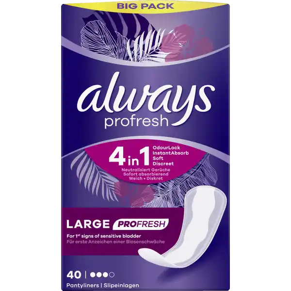 Always dailies Profresh Large Slipeinlagen Big Pack: Цвет: Produktbeschreibung und details Always Profresh Large Slipeinlagen sind die besten Slipeinlagen von Always fr extra Schutz Sie sind auch bei leichter Blasenschwche geeignet und verfgen ber eine geruchsneutralisierende Technologie damit Sie immer ein frisches Gefhl haben  in  neutralisiert Gerche sofort absorbierend weich diskret dermatologisch getestet mit leichtem Frischeduft Kontaktdaten Procter ampamp Gamble Service GmbH Sulzbacher Strasse   Schwalbach Am Taunus wwwalwayseuinfo      Testurteile Qualittssiegel ampamp Verbandszeichen Warnhinweise und wichtige Hinweise Warnhinweise Produkt zur Einmalnutzung Nicht wiederverwendbar
https://www.rossmann.de/de/pflege-und-duft-always-dailies-profresh-large-slipeinlagen-big-pack/p/8001841427164