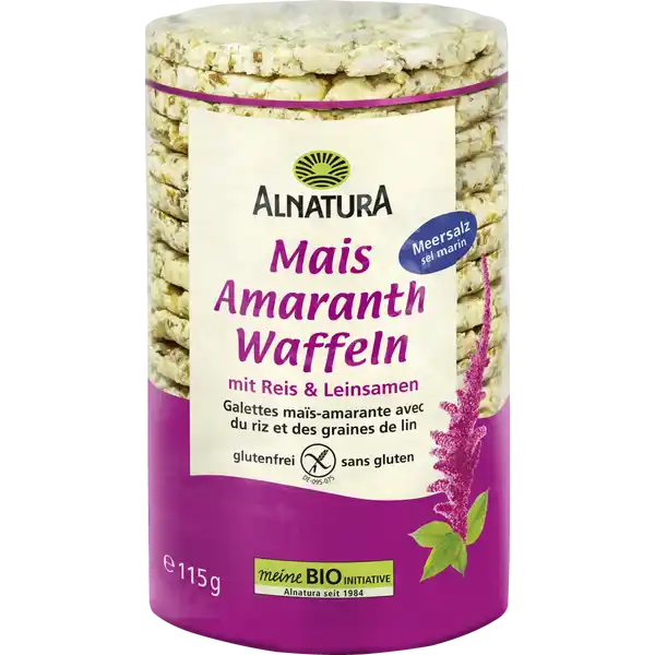 Alnatura Bio Mais-Amaranth-Waffeln mit Meersalz: Цвет: Produktbeschreibung und details Ein knusprig gepuffter glutenfreier BioSnack Die Alnatura MaisAmaranthWaffeln mit Reis und Leinsamen sind fein mit Meersalz abgerundet Sie lassen sich pur oder mit herzhaftem Belag genieen  etwa als Pausenbrot oder kleine Knabberei fr zwischendurch Die Rezeptur ist vegan BioQualitt aromatische Waffeln aus Mais und Amaranth mit Reis und Leinsamen knusprig gepufft und fein mit Meersalz abgerundet glutenfrei vegan Lebensmittelunternehmer Name Alnatura GmbH Adresse MahatmaGandhiStrae   Darmstadt wwwalnaturade Bio Zertifikat CZBIO UrsprungslandHerkunftsort EUNichtEU Landwirtschaft Testurteile Qualittssiegel ampamp Verbandszeichen Rechtlich vorgeschriebene Produktbezeichnung Bio MaisReisWaffeln mit Amaranth und Leinsamen glutenfrei Zutaten Mais   Vollkornreis   Amaranth   Leinsamen   Meersalz   aus biologischer Landwirtschaft Kann Spuren von SOJA und LUPINEN enthalten Nhrwerte Durchschnittliche Nhrwertangaben pro  g Energie  kj   kcal Fett  g davon  gesttigte Fettsuren  g Kohlenhydrate  g davon  Zucker  g Ballaststoffe  g Eiwei  g Salz  g Gebrauch Aufbewahrung und Verwendung Aufbewahrungs und Verwendungsbedingungen Bitte trocken lagern Angebrochene Packung gut verschlieen
https://www.rossmann.de/de/lebensmittel-alnatura-bio-mais-amaranth-waffeln-mit-meersalz/p/4104420139565