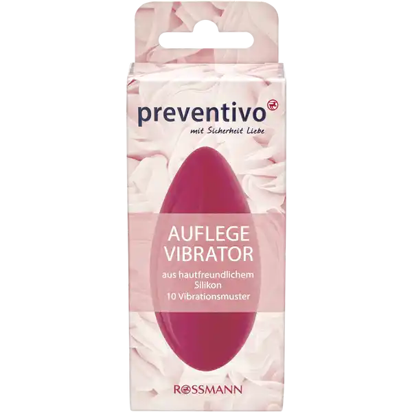 preventivo Auflege-Vibrator: Цвет: Produktbeschreibung und details Der preventivo AuflegeVibrator ist der Champion der klitoralen Massage und sorft fr sinnliche Hhenflge Mit seiner ergonomischen Form liegt er perfekt in der Hand und findet so mit seinem zartem Kpfchen direkt deinen Hot Spot Durch seinen biegsamen Krper lsst sich der Druck auf die Klitoris besonders angenehm regulieren Die hautfreundliche und sehr weiche Silikonoberflche gleitet sanft ber die Haut ist geruchsneutral und lsst sich gut reinigen Die OneButtonBedienung erlaubt eine unkomplizierte Einstellung der  verschiedenen Vibrationsmuster  von zrtlich sanft bis sprudelnd krftig Der preventivo AuflegeVibrator ist leise in der Anwendung und spritzwassergeschtzt  er garantiert ein besonderes Dusch oder Badeerlebnis Aber auch im Liebesspiel zu zweit ist er eine willkommene und lustvolle Abwechselung Mae BH ca  mm   mm Gewicht ca  g inkl Ladekabel fr den USBAnschluss Spritzwassergeschtzt Abwechslungsreicher Genuss durch  unterschiedliche Intervallstufen und  Intensittsstufen aus hautfreundlichem Silikon Kontaktdaten Amor Gummiwaren GmbH Isernhgener Strae   Burgwedel Gebrauch Aufbewahrung und Verwendung Aufbewahrungs und Verwendungsbedingungen Bitte fr Kinder unzugnglich aufbewahren Preventivo AuflegeVibrator ist kein Kinderspielzeug Trocken und vor Verschmutzung geschtzt lagern Aufladen Bitte stecken Sie das Ladekabel am flacheren Ende des preventivo AuflegeVibrators mit etwas Druck in die dafr vorgesehene kleine ffnung durch das Silikon Die Spitze des Ladekabel muss nahezu vollstndig eingeschoben werden Der AuflegeVibrator befindet sich im Ladezustand wenn der anausKnopf blinkt Hinweise zur Elektrogerte und Batterieentsorgung Hinweise zur Entsorgung von Elektrogerten und Batterien httpswwwrossmanndedeserviceundhilfeelektrogesetzbatteriegesetz
https://www.rossmann.de/de/gesundheit-preventivo-auflege-vibrator/p/4305615631134