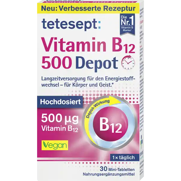 tetesept Vitamin B12 500 Depot Mini-Tabletten: Цвет: https://www.rossmann.de/de/gesundheit-tetesept-vitamin-b12-500-depot-mini-tabletten/p/4008491102957
Produktbeschreibung und details bermige krperliche und geistige Belastung kann zu einem erhhten Bedarf an Nhrstoffen fhren tetesept Vitamin B  Depot enthlt hochdosiertes Vitamin B Die DepotTechnologie ermglicht eine gleichmige und langfristige Bereitstellung ber Stunden des wichtigen Bausteins Vitamin B fr den Energiestoffwechselund die Verringerung von Mdigkeit und Erschpfung  fr Krper und Geist tetesept Vitamin B  Depot in der DepotTablette fr eine langfristige NhrstoffVersorgung  geeignet zur KurAnwendung Vitamin B trgt bei zu einem normalen Energiestoffwechsel zur Verringerung von Mdigkeit und Erschpfung zu einer normalen Funktion des Nervensystems zu einer normalen Funktion des Immunsystems Lebensmittelunternehmer Name Merz Consumer Care GmbH Adresse Eckenheimer Landstrae   Frankfurt am Main wwwteteseptde Rechtlich vorgeschriebene Produktbezeichnung Nahrungsergnzungsmittel mit Vitamin B Zutaten Fllstoff Mikrokristalline Cellulose Hydroxypropylmethylcellulose Farbstoff Calciumcarbonat Trennmittel Speisefettsure berzugsmittel Hydroxypropylcellulose Trennmittel Magnesiumsalz der Speisefettsure Cyanocobalamin Vitamin B Nhrwerte Durchschnittliche Nhrwertangaben pro  Portion Tagesdosis Tagesdosis Referenzwert Anteil der Referenzwerte fr die tgliche Zufuhr gem Europischer Lebensmittelinformationsverordnung LMIV NRV  Nutrient Reference Value NRV Vitamin B  g   Anwendung und Gebrauch x tglich  Tablette unzerkaut mit ausreichend Flssigkeit verzehren Gebrauch Aufbewahrung und Verwendung Aufbewahrungs und Verwendungsbedingungen Vor Hitze und direkter Lichteinstrahlung schtzen Fr kleine Kinder unzugnglich aufbewahren Warnhinweise und wichtige Hinweise Warnhinweise Die empfohlene tgliche Verzehrsmenge darf nicht berschritten werden Nahrungsergnzungsmittel sind kein Ersatz fr eine abwechslungsreiche und ausgewogene Ernhrung die zusammen mit einer gesunden Lebensweise von Bedeutung ist Fr Erwachsene Keine weiteren VitaminB haltigen Prparate verzehrenDie empfohlene tgliche Verzehrsmenge darf nicht berschritten werdenNahrungsergnzungsmittel sind kein Ersatz fr eine abwechslungsreiche und ausgewogene Ernhrung die zusammen mit einer gesunden Lebensweise von Bedeutung ist
