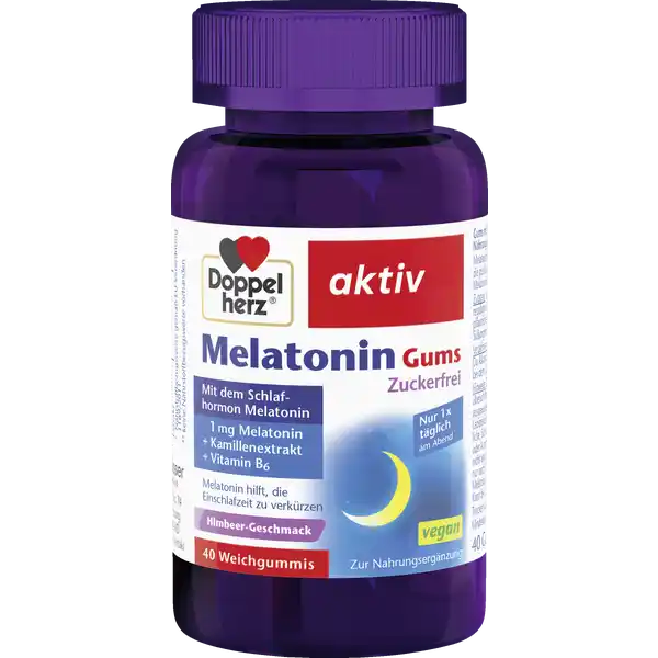 Doppelherz Melatonin Gums zuckerfrei Himbeergeschmack: Цвет: https://www.rossmann.de/de/gesundheit-doppelherz-melatonin-gums-zuckerfrei-himbeergeschmack/p/4009932131871
Produktbeschreibung und details Ausreichender Schlaf ist wichtig fr das Wohlbefinden Melatonin ist ein natrlicherweise vorkommendes Hormon das von der Zirbeldrse im Zwischenhirn gebildet wird Die natrliche Melatoninbildung steigt nach Einsetzen der Dunkelheit ein und gipfelt um  bis  Uhr nachts In der zweiten Nachthlfte fllt sie wieder ab Melatonin trgt dazu bei die Einschlafzeit zu verkrzen Die Gums mit leckerem Himbeergeschmack sind vegan und zuckerfrei sowie praktisch in einer Dose verpackt mit dem Schlafhormon Melatonin hochdosiert   mg Melatonin pro Gum plus Kamillienbltenextrakt und Vitamin B vegan zuckerfrei lactose und glutenfrei  Weichgummis Lebensmittelunternehmer Name Queisser Pharma GmbH ampamp Co KG Adresse Schleswiger Str   Flensburg wwwdoppelherzde Rechtlich vorgeschriebene Produktbezeichnung Gums mit Melatonin Vitamin B und KamillebltenExtrakt Nahrungsergnzungsmittel mit Sungsmitteln Zutaten Sungsmittel Maltit Strke Maltodextrin Sureregulator Citronensure KamillenbltenExtrakt Farbstoff Pflanzenkohle Kokosl natrliches Aroma Pyridoxinhydrochlorid Melatonin Sungsmittel Steviolglycoside aus Stevia berzugsmittel Carnaubawachs Nhrwerte Durchschnittliche Nhrwertangaben pro  Portion  Gum Tagesdosis Referenzwert Nhrstoffbezugswerte gem EUVerordnung  NRV Vitamin B  mg   Anwendung und Gebrauch Tglich vor dem Schlafengehen  Gum verzehren Da Alkohol die Wirkung von Melatonin auf den Schlaf herabsetzt sollte bei dem Verzehr von Melatonin kein Alkohol zustzlich getrunken werden Gebrauch Aufbewahrung und Verwendung Aufbewahrungs und Verwendungsbedingungen Trocken und nicht ber  C lagern Warnhinweise und wichtige Hinweise Warnhinweise Die angegebene empfohlene tgliche Verzehrsmenge darf nicht berschritten werden Nahrungsergnzungsmittel sind kein Ersatz fr eine ausgewogene und abwechslungsreiche Ernhrung und eine gesunde Lebensweise Fr kleine Kinder unzugnglich aufbewahren Kinder Jugendliche Schwangere und Stillende sowie Personen die an einer Leber Nieren oder Autoimmunkrankheit leiden sollten das Nahrungsergnzungsmittel nicht anwenden Personen die Arzneimittel anwenden sollten Melatonin nur nach Rcksprache mit dem Arzt oder Apotheker anwenden Melatonin sollte nur kurzfristig maximal  Wochen angewendet werden Kann bei bermigem Verzehr abfhrend wirken