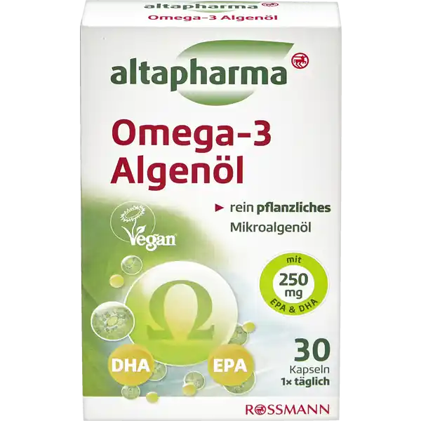 altapharma Omega Algenl: Цвет: https://www.rossmann.de/de/gesundheit-altapharma-omega-3-algenoel/p/4305615808970
Produktbeschreibung und details Altapharma Omega Algenl Kapseln enthalten die wichtigen Omega Fettsuren EPA und DHA aus dem l der Mikroalge Schizochytrium sp Es ist die vegetarische Alternative zu Fischl und liefert EPA und DHA auf pflanzlicher Basis Das hochwertige Algenl zeichnet sich durch einen hohen Gehalt der wertvollen OmegaFettsuren DHA Docosahexaensure und EPA Eicosapentaensure aus Diese ungesttigten OmegaFettsuren DHA und EPA tragen zur normalen Herzfunktion von Erwachsenen bei Die positive Wirkung dieser OmegaFettsuren stellt sich ab einer tglichen Aufnahmemenge von mindestens mg DHA und EPA ein Es werden nur Kapseln pflanzlichen Ursprungs eingesetzt Das Algenl ist rein pflanzlich und somit besonders fr eine bewusste vegane Ernhrung geeignet rein pflanzliches Mikroalgenl mit  mg EPA ampamp DHA vegan Lebensmittelunternehmer Name Dirk Rossmann GmbH Adresse Isernhgener Str   Burgwedel wwwrossmannde      UrsprungslandHerkunftsort Hergestellt in der EU Mikroalgenl aus NichtEU Testurteile Qualittssiegel ampamp Verbandszeichen Rechtlich vorgeschriebene Produktbezeichnung Nahrungsergnzungsmittel mit Omega Fettsuren Zutaten DHA und EPAreiches l aus der Mikroalge Schizochytrium sp  modifizierte Strke Feuchthaltemittel Glycerin Sonnenblumenl Verdickungsmittel Carrageen Antioxidationsmittel stark tocopherolhaltige Extrakte und LAscorbylpalmitat Aroma Rosmarinextrakt Sureregulator Natriumcarbonat Nhrwerte Durchschnittliche Nhrwertangaben pro  Portion pro  g pro Tagesdosis  Kapsel pro  g Energie  kj   kcal  kj   kcal Fett amplt  g  g davon  gesttigte Fettsuren amplt  g  g Kohlenhydrate amplt  g  g davon  Zucker  g  g Eiwei  g amplt  g Salz  g  g Anwendung und Gebrauch  Kapsel tglich mit reichlich Flssigkeit zu einer Mahlzeit unzerkaut einnehmen Gebrauch Aufbewahrung und Verwendung Aufbewahrungs und Verwendungsbedingungen Trocken vor Wrme und Licht geschtzt aufbewahren Warnhinweise und wichtige Hinweise Warnhinweise Auerhalb der Reichweite von Kindern aufbewahren Die empfohlene Verzehrmenge pro Tag darf nicht berschritten werden Nahrungsergnzungsmittel stellen kein Ersatz fr eine ausgewogene abwechslungsreiche Ernhrung sowie eine gesunde Lebensweise dar