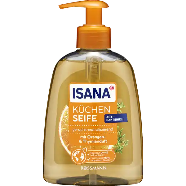 ISANA Kchenseife mit Orangenl: Цвет: https://www.rossmann.de/de/pflege-und-duft-isana-kuechenseife-mit-orangenoel/p/4305615610344
Produktbeschreibung und details Die ISANA Kchenseife mit Orangenl reinigt und pflegt Ihre Hnde vor und nach dem Kochen sanft und zuverlssig Der zitrische Duft mit ThymianNote umhllt Ihre Hnde und neutralisiert unangenehme Kchengerche an den Hnden Die Formulierung mit antibakteriellem WirkstoffKomplex schtzt vor Bakterien mit Orangen und ThymianDuft geruchsneutralisierend antibakteriell Hautvertrglichkeit dermatologisch besttigt pHhautneutral vegan Rezeptur ohne Mikroplastik   recyceltes Plastik siehe wwwrossmanndemikroplastikfrei Flasche ohne Spenderkopf Kontaktdaten Dirk Rossmann GmbH Isernhgener Strae   Burgwedel wwwrossmannde UrsprungslandHerkunftsort Deutschland Testurteile Qualittssiegel ampamp Verbandszeichen Anwendung und Gebrauch Die Kchenseife gleichmig auf den Hnden inkl Finger und Fingerngel verteilen  Sekunden einwirken lassen und grndlich unter flieendem Wasser absplen Inhaltsstoffe Aqua Sodium Laureth Sulfate Glycerin Cocoamidopropyl Betaine Sodium Chloride Lactic Acid Sodium Benzoate Citrus Aurantium Dulcis Oil PEG Hydrogenated Castor Oil CocoGlucoside Glyceryl Oleate Sodium Lactate Parfum Benzophenone Linalool Hexyl Cinnamal Limonene CI