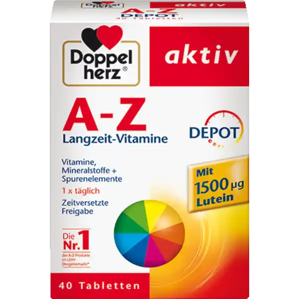 Doppelherz aktiv A-Z Depot Langzeit-Vitamine: Цвет: Produktbeschreibung und details Doppelherz aktiv AZ Depot LangzeitVitamine Eine ausreichende Versorgung mit Vitaminen und Mineralstoffen ist Voraussetzung fr Gesundheit und Wohlbefinden Doppelherz AZ DepotTabletten enthalten sorgfltig aufeinander abgestimmte Vitamine Mineralstoffe und Spurenelemente  von Vitamin A bis Zink Zustzlich ist das pflanzliche Carotinoid Lutein enthalten Bestimmte Vitamine und Mineralstoffe kann der Krper nur begrenzt speichern Werden z B groe Mengen an Vitamin C mit einem Mal aufgenommen scheidet der Krper einen Teil ungenutzt wieder aus Die DEPOTTablette von Doppelherz arbeitet aufgrund eines speziell entwickelten Herstellungsverfahrens wie ein Nhrstoffspeicher Aus diesem Nhrstoffspeicherquot werden die wertvollen Nhrstoffe ber viele Stunden nach und nach freigegeben und stehen dem Krper so anhaltend zur Verfgung Lebensmittelunternehmer Name Queisser Pharma Adresse Schleswiger Str   Flensburg wwwdoppelherzde UrsprungslandHerkunftsort Deutschland Rechtlich vorgeschriebene Produktbezeichnung Tabletten mit Vitaminen Mineralstoffen Spurenelementen ampamp Lutein  Nahrungsergnzungsmittel Zutaten Fllstoffe Cellulose Isomalt und Hydroxypropylmethylcellulose Dicalciumphosphat LAscorbinsure Magnesiumoxid Trennmittel Speisefettsuren Magnesiumsalze der Speisefettsuren Talkum und Siliciumdioxid modifizierte Strke Nicotinamid DLalphaTocopherylacetat Zinksulfat CalciumDpantothenat Farbstoffe Titandioxid und Eisenoxide und Eisenhydroxide Eisensulfat Pyridoxinhydrochlorid Thiaminmononitrat Riboflavin Maisstrke Kupfersulfat berzugsmittel Hydroxypropylcellulose Calciumcarbonat Lutein aus Studentenblumen pflanzliche le Kokos Palm in vernderlichen Gewichtsanteilen Glukosesirup Retinylacetat Pterolylmonoglutaminsure DBiotin Kaliumiodid Chrom III Chlorid Natriummolybdat Natriumselenit Phytomenadion Cholecalciferol Cyanocobalamin Nhrwerte Durchschnittliche Nhrwertangaben pro  Portion NRV Calcium  g   Phosphor  mg   Magnesium  mg   Eisen  mg   Zink  mg   Kupfer  mg   Selen  g   Jod  g   Vitamin A  g   Vitamin D  g   Vitamin E  mg   Vitamin K  g   Vitamin C  mg   Niacin  mg   Vitamin B  mg   Folsure  g   Vitamin B  g   Biotin  g   Pantothensure  mg   Anwendung und Gebrauch Tglich  Tablette nach einer Mahlzeit mit ausreichend Flssigkeit unzerkaut einnehmen Warnhinweise und wichtige Hinweise Warnhinweise Die angegebene empfohlene tgliche Verzehrmenge darf nicht berschritten werden Nahrungsergnzungsmittel sind kein Ersatz fr eine ausgewogene und abwechslungsreiche Ernhrung und eine gesunde Lebensweise Fr kleine Kinder unzugnglich aufbewahren Nicht fr Kinder unter  Jahren geeignet
https://www.rossmann.de/de/gesundheit-doppelherz-aktiv-a-z-depot-langzeit-vitamine/p/4009932004533