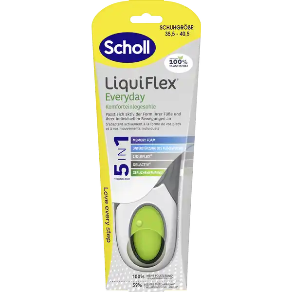 Scholl LiquiFlex Everyday Komforteinlegesohle Gre: Цвет: Produktbeschreibung und details Die neuen LiquiFlex Einlegesohlen entworfen und entwickelt gemeinsam mit fhrenden Podologen bieten Ihnen den ganzen Tag ber einen hervorragenden und individuellen Komfort dank der patentierten in Technologie Die Einlegesohlen passen sich durch LiquiFlex Memory Foam und GelActiv aktiv der Form Ihrer Fe und individuellen Bewegung an Ganz egal ob ein langer Shoppingtag ein Spaziergang mit der Familie oder eine Stdtereise am Wochenende Die neuen Scholl GelActiv Everyday Einlegesohlen untersttzen Ihre Fsse  um Ihnen den ganzen Tag mehr Komfort zu bieten  mehr Polsterung und individuelle Passform durch Memory Foam definierte Fersenmulde und Untersttzung des Fugewlbes fr den ganzen Tag  bessere Stodmpfung an der Ferse mit LiquiFlex Rebound GelActiv Technologie fr einen FederungsEffekt bei jedem Schritt geruchshemmendes Obermaterial schtzt vor Fugeruch Schuhgre    geeignet fr bis zu  kg fr den tglichen Gebrauch nicht geeignet fr Sport  Durchschnittswert im Vergleich zu Schuhen ohne Einlegesohle Kontaktdaten Scholls Wellness Company GmbH Schwalbacher Str   Wiesbaden wwwschollfusspflegede Anwendung und Gebrauch Wenn die Einlegesohlen Ihrer Schuhe herausnehmbar sind nehmen Sie sie zuerst heraus Beachten Sie die Grentabelle Schneiden Sie bei Bedarf entlang der Linie im Zehenbereich die Ihrer Schuhgre entspricht oder verwenden Sie die OriginalEinlegesohle als Schablone Legen Sie die Scholl LiquiFlex Einlegesohlen mit der LiquiFlexKapsel nach unten in Ihre Schuhe Die Einlegesohle sollte flach liegen Fr eine perfekte Passform kann ein zustzliches Nachschneiden erforderlich sein Reinigung Zum Reinigen einfach mit einem Tuch und warmem Seifenwasser abwischen nicht einweichen Einlegesohlen alle sechs Monate oder bei sichtbaren Verschleierscheinungen auswechseln Entwickelt fr den tglichen Gebrauch in Freizeitschuhen flachen Schuhen und Stiefeln Warnhinweise und wichtige Hinweise Warnhinweise Beim Auftreten von Beschwerden oder Reibung beenden Sie die Anwendung Nicht in Kontakt mit rissiger oder gereizter Haut anwenden Falls Sie zufllig in den Kontakt mit dem Inhalt der Kapsel kommen splen Sie den betroffenen Bereich mit Wasser ab Falls die Beschwerden anhalten wenden Sie sich an eine Arzt Scholl und Diabetes Bitte lassen Sie sich vor der Anwendung beraten Wenn Sie an Diabetes schlechter Durchblutung oder ein Taubheitsgefhl in den Fen leiden besteht durch Reibung oder lokalen Druck ein hheres Risiko fubezogener Komplikationen
https://www.rossmann.de/de/gesundheit-scholl-liquiflex-everyday-komforteinlegesohle-groesse-355---405/p/4002448166177