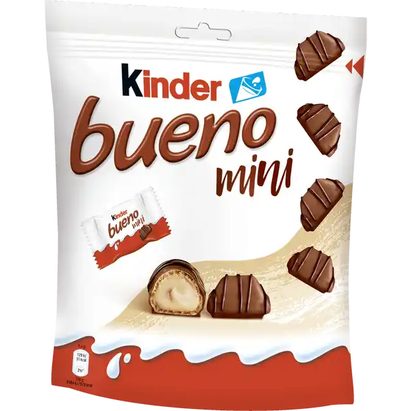 Ferrero Kinder Bueno Mini: Цвет: Produktbeschreibung und details mit Milch und Haselnssen knusprig ampamp cremig MilchHaselnussCreme Lebensmittelunternehmer Name Ferrero Adresse  Frankfurt am Main GERMANY Rechtlich vorgeschriebene Produktbezeichnung Waffel mit feiner MilchhaselnusscremeFllung   berzogen mit Milchschokolade Zutaten MILCHSCHOKOLADE   Zucker Kakaobutter Kakaomasse MAGERMILCHPULVER  BUTTERREINFETT  Emulgator Lecithine  SOJA  Vanillin Zucker Palml WEIZENMEHL  HASELNSSE   MAGERMILCHPULVER   VOLLMILCHPULVER   Halbbitterschokolade   Zucker Kakaomasse Kakaobutter Emulgator Lecithine  SOJA  Vanillinfettarmer Kakao Emulgator Lecithine  SOJA  Backtriebmittel Natriumhydrogencarbonat Ammoniumhydrogencarbonat Salz VanillinGesamtmilchbestandteile im Produkt   Nhrwerte Durchschnittliche Nhrwertangaben pro  g pro  Portion je Stck  g Energie  kj   kcal  kj   kcal Fett  g  g davon  gesttigte Fettsuren  g  g Kohlenhydrate  g  g davon  Zucker  g  g Eiwei  g  g Salz  g  g Gebrauch Aufbewahrung und Verwendung Aufbewahrungs und Verwendungsbedingungen Khl und trocken aufbewahren
https://www.rossmann.de/de/lebensmittel-ferrero-kinder-bueno-mini/p/8000500253687