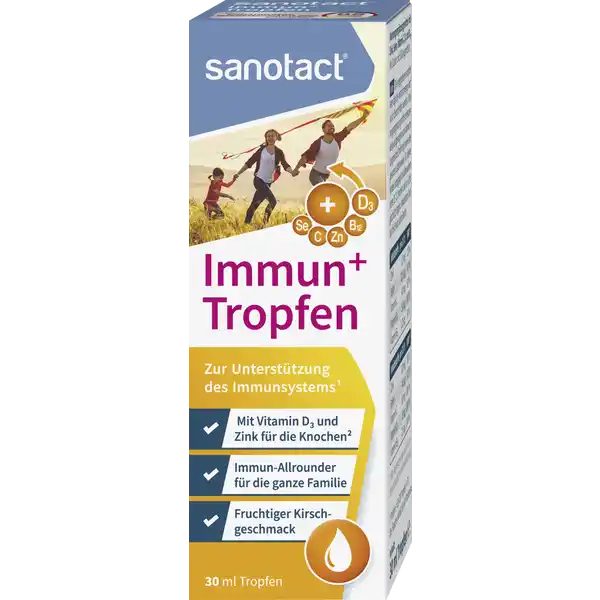 sanotact® Immun+ Tropfen: Цвет: Produktbeschreibung und details Die sanotact Immun Tropfen enthalten eine sinnvolle Kombination an den Nhrstoffen Selen Zink Vitamin C Vitamin D und Vitamin B zur Untersttzung des Immunsystems Die einfache Anwendbarkeit und der fein suerliche KirschGeschmack machen die sanotact Immun Tropfen zu einem Hochgenuss fr die ganze Familie Auch fr Personen mit Schluckbeschwerden sind die Tropfen ideal da diese neben der direkten Einnahme auch in Speisen oder Getrnke eingerhrt werden knnen sanotact Immun Tropfen enthalten Zink Selen Vitamin C D und B welche zu einer normalen Funktion des Immunsystems beitragen Vitamin D und Zink tragen zur Erhaltung normaler Knochen bei Darber hinaus schtzen Vitamin C Zink und Selen die Zellen vor oxidativem Stress Zudem tragen Vitamin C und B zu einem normalen Energiestoffwechsel zur normalen Funktion des Nervensystems zur normalen psychischen Funktion und zur Verringerung von Mdigkeit und Ermdung bei Sie sind ein echter ImmunAllrounder eignen sich hervorragend fr die ganze Familie und knnen von Kindern ab  Jahren eingenommen werden zur Untersttzung des Immunsystems mit Vitamin D und Zink fr die Knochen Immunallrounder fr die ganze Familie fruchtiger Kirschgeschmack gluten und laktosefrei Lebensmittelunternehmer Name sanotact GmbH Adresse Hessenweg   Mnster wwwsanotactde UrsprungslandHerkunftsort Deutschland Rechtlich vorgeschriebene Produktbezeichnung Nahrungsergnzungsmittel mit Zink Selen Vitamin C Vitamin D und Vitamin B Mit Zucker und Sungsmitteln Zutaten Wasser Sungsmittel Glycerin Acesulfam K Sucralose Saccharin Steviolglycoside Saccharose Kirschsaftkonzentrat Vitamin C Calciumascorbat LAscorbinsure Zinkgluconat Konservierungsstoff Natriumbenzoat Kaliumsorbat Aroma Emulgator Polysorbat  Verdickungsmittel Xanthan Natriumselenit Cholecalciferol Vitamin D Cyanocobalamin Vitamin B Nhrwerte Durchschnittliche Nhrwertangaben pro  Portion Tagesdosis Referenzwert NRV Referenzmenge gem EULebensmittelinformationsverordnung NRV Zink  mg   Selen  g   Vitamin D  g   Vitamin C  mg Vitamin B  g   Anwendung und Gebrauch Vor Gebrauch gut schtteln Kinder ab  Jahren nehmen  Tropfen pro Tag Jugendliche ab  Jahren und Erwachsene nehmen  Tropfen pro Tag Gebrauch Aufbewahrung und Verwendung Aufbewahrungs und Verwendungsbedingungen Unter C trocken und vor Licht geschtzt lagern Fr kleine Kinder unzugnglich aufbewahren Warnhinweise und wichtige Hinweise Warnhinweise Enthlt Sungsmittel Die angegebene empfohlene tgliche Verzehrmenge darf nicht berschritten werden Nahrungsergnzungsmittel ersetzten keine ausgewogene und abwechslungsreiche Ernhrung sowie eine gesunde Lebensweise
https://www.rossmann.de/de/gesundheit-sanotact-immun-tropfen/p/4003087411055