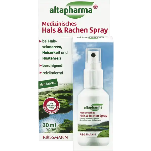 altapharma Medizinisches Hals-Rachen Spray: Цвет: https://www.rossmann.de/de/gesundheit-altapharma-medizinisches-hals-rachen-spray/p/4305615949918
Produktbeschreibung und details Das Spray mit islndisch Moos Extrakt in Kombination mit Dexpanthenol und Natursole ist eine schnelle Hilfe bei Halsschmerzen Heiserkeit und Hustenreiz Die Kombination aus Dexpanthenol und Natursole befeuchtet die gereizte Schleimhaut des Hals und Rachenraums und frdert so eine rasche Linderung Das frische Aroma trgt zu einem angenehm befreienden Gefhl bei bei Halsschmerzen Heiserkeit und Hustenreiz fr Kinder ab  Jahren geeignet Kontaktdaten Dirk Rossmann GmbH Isernhgener Strae   Burgwedel wwwrossmannde UrsprungslandHerkunftsort Deutschland Anwendung und Gebrauch Bei Kindern ab  Jahren und Erwachsenen Bis zu  mal tglich nach Bedarf  Sprhste  ml je Sprhsto in den Mund und Rachenraum sprhen Jede Dosiereinheit sollte nur von einer Person genutzt werden Gebrauch Aufbewahrung und Verwendung Aufbewahrungs und Verwendungsbedingungen Nach Anwendung nicht lnger als  Wochen verwendenNicht lnger als  Tage ohne Unterbrechung anwenden Nach Ablauf des Verfalldatums nicht mehr verwenden Inhaltsstoffe Gereinigtes Wasser islndisch Moos Spissum Extrakt  Dexpanthenol Natursole Salzlsung  Polysorbat  Kamillenfluidextrakt Zinksulfat Heptahydrat Natriumbenzoat Menthol Eucalyptusl LHistidin Hydrochlorid Monohydrat Citronensure Acesulfam K Kaliumsorbat Sorbinsure