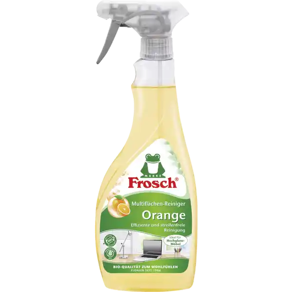 Frosch MultiflchenReiniger Orange: Цвет: https://www.rossmann.de/de/haushalt-frosch-multiflaechen-reiniger-orange/p/4001499961540
Produktbeschreibung und details Der Frosch MultiflchenReiniger Oranger ist ein natrlich kraftvoller Oberflchenreiniger fr alle glatten Oberflchen Seine hochwirksame Rezeptur sorgt fr eine streifenfreie Reinigung und strahlenden Glanz auf zB Glas Metall Marmor Kunststoff Holz gewachst oder lackiert und Acryl Der Reiniger ist auerdem ideal fr LEDBildschirmen Tablets Smartphones Tische Kchenoberflchen Hochglanz und Kunststoffmbel sowie fr Autoarmaturen geeignet mikroplastikfrei vegan Kontaktdaten Werner ampamp Mertz GmbH  Mainz wwwfroschde  UrsprungslandHerkunftsort Deutschland Anwendung und Gebrauch Dse drehen bis SprhsymbolquotONquot oben steht Aufsprhen und mit einem trockenen Tuch sauber wischen Bei lackierten Flchen Holz Leder oder LEDBildschirmen auf ein feuchtes Tuch aufsprhen und auftragen Bei elektrischen Gerten Betriebsanleitung des Herstellers beachten Gebrauch Aufbewahrung und Verwendung Aufbewahrungs und Verwendungsbedingungen Auer Reichweite von Kindern aufbewahren Inhaltsstoffe amplt   nichtionische Tenside Duftstoffe Weitere Inhaltsstoffe BioSpiritus Orangenl Warnhinweise und wichtige Hinweise Warnhinweise Nicht mit anderen Produkten mischen Sprhnebel nicht einatmen Zum Nachfllen der Flasche Sprhkopf abschrauben Behlter nur vllig restentleert der Wertstoffsammlung zufhren Nicht fr die Reinigung grerer Flchen bestimmt