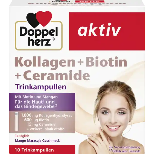 Doppelherz Kollagen + Biotin + Ceramide Trinkampullen: Цвет: https://www.rossmann.de/de/gesundheit-doppelherz-kollagen--biotin--ceramide-trinkampullen/p/4009932132632
Produktbeschreibung und details Haut und Bindegewebe beeinflussen mageblich unser Aussehen und sind ein Zeichen fr gutes Aussehen und Attraktivitt Mit zunehmendem Alter nimmt der Kollagenanteil der Haut ab und die Hautelastizitt lsst nach Vitamin C untersttzt die normale Kollagenbildung fr eine normale Funktion der Haut Vitamin C trgt zu einer normalen Kollagenbildung fr eine normale Funktion der Haut bei Biotin Zink und Niacin untersttzen den Erhalt normaler Haut Mangan untersttzt die normale Bindegewebsbildung Kupfer trgt zum Erhalt von normalen Bindegewebe bei praktische Trinkampullen Lebensmittelunternehmer Name Queisser Pharma GmbH ampamp Co KG Adresse Schleswiger Str  D Flensburg wwwdoppelherzde UrsprungslandHerkunftsort Deutschland Rechtlich vorgeschriebene Produktbezeichnung Liquid mit Kollagenhydrolysat Ceramiden Vitaminen und Spurenelementen Nahrungsergnzungsmittel Zutaten Wasser Fructose Stabilisator Glycerin Kollagenhydrolysat Emulgator Gummi arabicum Orangensaftkonzentrat Mangosaftkonzentrat Vitamin C Suerungsmittel Citronensure Verdickungsmittel Xanthan Aromen Zinkgluconat ceramidehaltiger WEIZENSAMENEXTRAKT  Konservierungsstoff Kaliumsorbat Konservierungsstoff Natriumbenzoat Niacin Kupfergluconat Mangansulfat Biotin Nhrwerte Durchschnittliche Nhrwertangaben pro  Portion  Trinkampulle Tagesdosis Referenzwert Nhrstoffbezugswerte gem EUVerordnung  NRV Zink  mg   Kupfer  mg   Mangan  mg   Vitamin C  mg   Niacin  mg   Biotin  g   KollagenHydrolysat  g Anwendung und Gebrauch Tglich den Inhalt einer Trinkampulle verzehren Vor dem Verzehr gut schtteln Gebrauch Aufbewahrung und Verwendung Aufbewahrungs und Verwendungsbedingungen Trocken und nicht ber  C lagern Warnhinweise und wichtige Hinweise Warnhinweise Die angegebene empfohlene tgliche Verzehrsmenge darf nicht berschritten werden Nahrungsergnzungsmittel sind kein Ersatz fr eine ausgewogene und abwechslungsreiche Ernhrung und eine gesunde Lebensweise Fr kleine Kinder unzugnglich aufbewahren Mangels Datenlage sollten Schwangere Stillende Kinder und Jugendliche auf die Anwendung verzichten Biotin kann Auswirkungen auf einige rztliche Laboruntersuchungen haben was zu verflschten Ergebnissen fhrt Informieren Sie deshalb bitte Ihren Arzt bei anstehenden Laboruntersuchungen darber dass Sie ein biotinhaltiges Prparat einnehmen damit er dies bercksichtigen kann Ab einer Menge von  mg Zink pro Tag sollte auf die Einnahme weiterer zinkhaltiger Nahrungsergnzungsmittel verzichtet werden