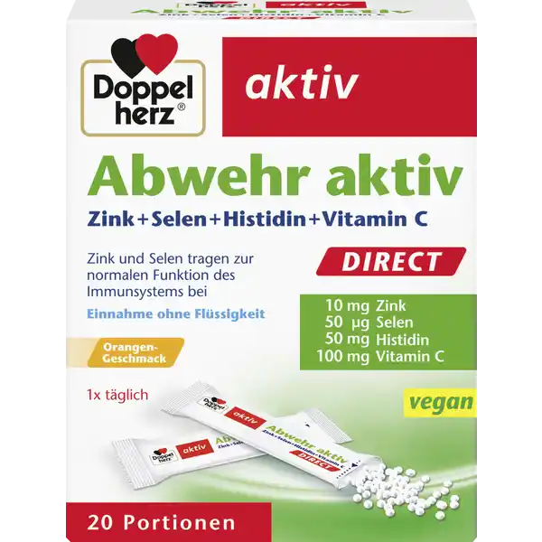 Doppelherz aktiv Abwehr aktiv Zink + Selen + Histidin + Vitamin C: Цвет: https://www.rossmann.de/de/gesundheit-doppelherz-aktiv-abwehr-aktiv-zink--selen--histidin--vitamin-c/p/4009932002546
Produktbeschreibung und details Nicht nur in der nasskalten Jahreszeit gilt es die Abwehrkrfte zu untersttzen Eine ausgewogene Ernhrung und insbesondere die Versorgung mit speziellen Vitaminen und Spurenelementen spielt hier eine bedeutende Rolle Die MicroPellets von Doppelherz Abwehr aktiv enthalten neben  mg Zink und  g Selen in Kombination mit  mg Vitamin C noch den Eiweibaustein Histidin  und schmecken auerdem ausgezeichnet Die Spurenelemente Zink und Selen sowie Vitamin C tragen zur normalen Funktion des Immunsystems und auerdem zum Schutz der Zellen vor oxidativem Stress bei Zudem ist Zink auch an der Zellteilung beteiligt Selen untersttzt zustzlich die normale SchilddrsenfunktionDie lebenswichtigen Spurenelemente Zink und Selen kann der Krper nicht selbst bilden Wir mssen sie regelmig und ausreichend ber die Nahrung aufnehmen mit Zink Selen und Vitamin C zur Untersttzung der normalen Funktion des Immunsystems zustzlich mit der Aminosure Histidin leckere  schnelle Einnahme ohne Flssigkeit fr Vegetarier und Veganer geeignet Kontaktdaten Queisser Pharma GmbH ampamp Co KG Schleswiger Strae   Flensburg wwwdoppelherzde UrsprungslandHerkunftsort Deutschland Zutaten Fllstoff Sorbit Vitamin C LHistidin   Fllstoff Mannit Sureregulator Calciumcarbonat Aroma Suerungsmittel Citronensure Zinkoxid mittelkettige Triglyceride Verdickungsmittel NatriumCarboxymethylcellulose Trennmittel Magnesiumsalze der Speisefettsuren Sungsmittel Aspartam Sureregulator Natriumcitrat Natriumselenat Nhrwerte Durchschnittliche Nhrwertangaben pro  Portion  Stck NRV Zink  mg   Selen  g   Vitamin C  mg   Anwendung und Gebrauch Tglich den Inhalt eines Beutels verzehren Die MicroPellets direkt auf die Zunge geben langsam zergehen lassen und schluckenBitte den Beutel in Pfeilrichtung aufreien Gebrauch Aufbewahrung und Verwendung Aufbewahrungs und Verwendungsbedingungen Trocken und nicht ber C lagern Warnhinweise und wichtige Hinweise Warnhinweise Fr Kinder und Jugendliche nicht geeignet