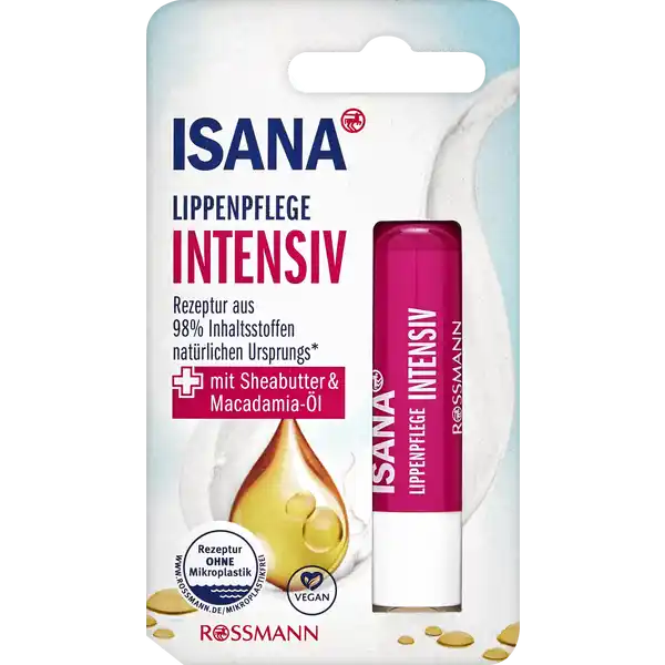 ISANA Lippenpflegestift Intensiv LSF 10: Цвет: https://www.rossmann.de/de/pflege-und-duft-isana-lippenpflegestift-intensiv-lsf-10/p/0000042348450
Produktbeschreibung und details Langanhaltende Pflege und wertvolle Inhaltsstoffe fr ein samtweiches Gefhl ISANA LIPPENPFLEGE schenkt Ihren Lippen was sie brauchen Rezeptur aus  Inhaltsstoffen natrlich Ursprungs mit Sheabutter ampamp Macadamial HAUTVERTRGLICHKEIT dermatologisch besttigt diese Rezeptur ist zu   ohne Mikroplastik vegan Die brigen  der Inhaltsstoffe sorgen fr einen angenehmen Duft Kontaktdaten Dirk Rossmann GmbH Isernhgener Strae   Burgwedel wwwrossmannde UrsprungslandHerkunftsort EU Testurteile Qualittssiegel ampamp Verbandszeichen Inhaltsstoffe Ricinus Communis Seed Oil Cocos Nucifera Oil Isostearyl Isostearate Candelilla Cera Helianthus Annuus Seed Cera Olea Europaea Oil Unsaponifiables Palmitic Acid Stearic Acid Butyrospermum Parkii Butter Macadamia IntegrifoliaTetraphylla Seed Oil Rhus Verniciflua Peel Cera Shorea Robusta Resin Aroma Tocopheryl Acetate Glycine Soja Oil